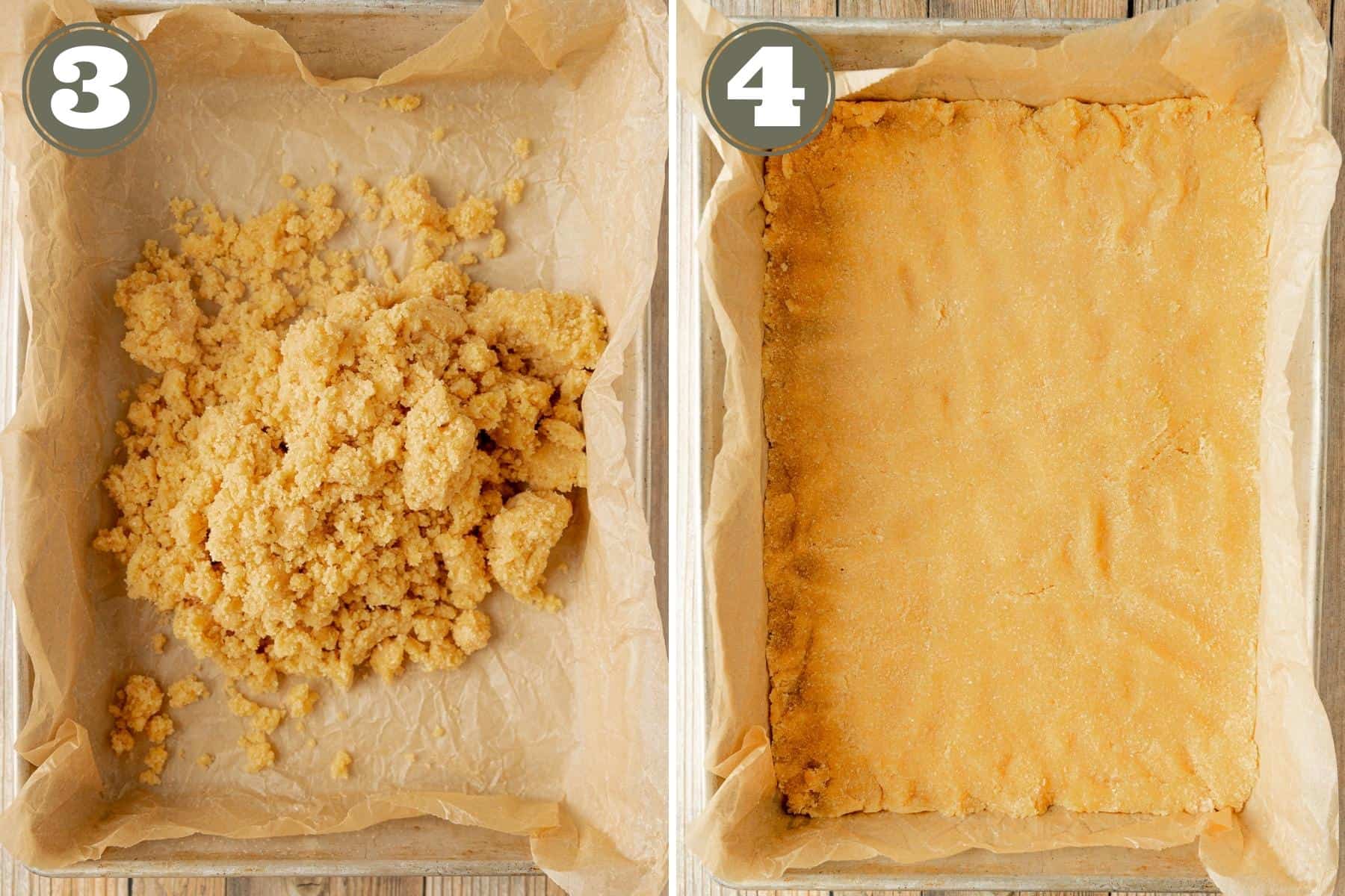 A side by side photo of shortbread crust in a pan with parchment paper and a second photo of the dough pressed into the pan.