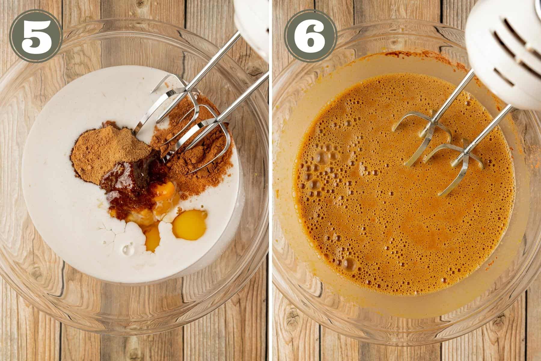 A side by side photo of the ingredients needed for pumpkin custard and another bowl with the mixture combined.
