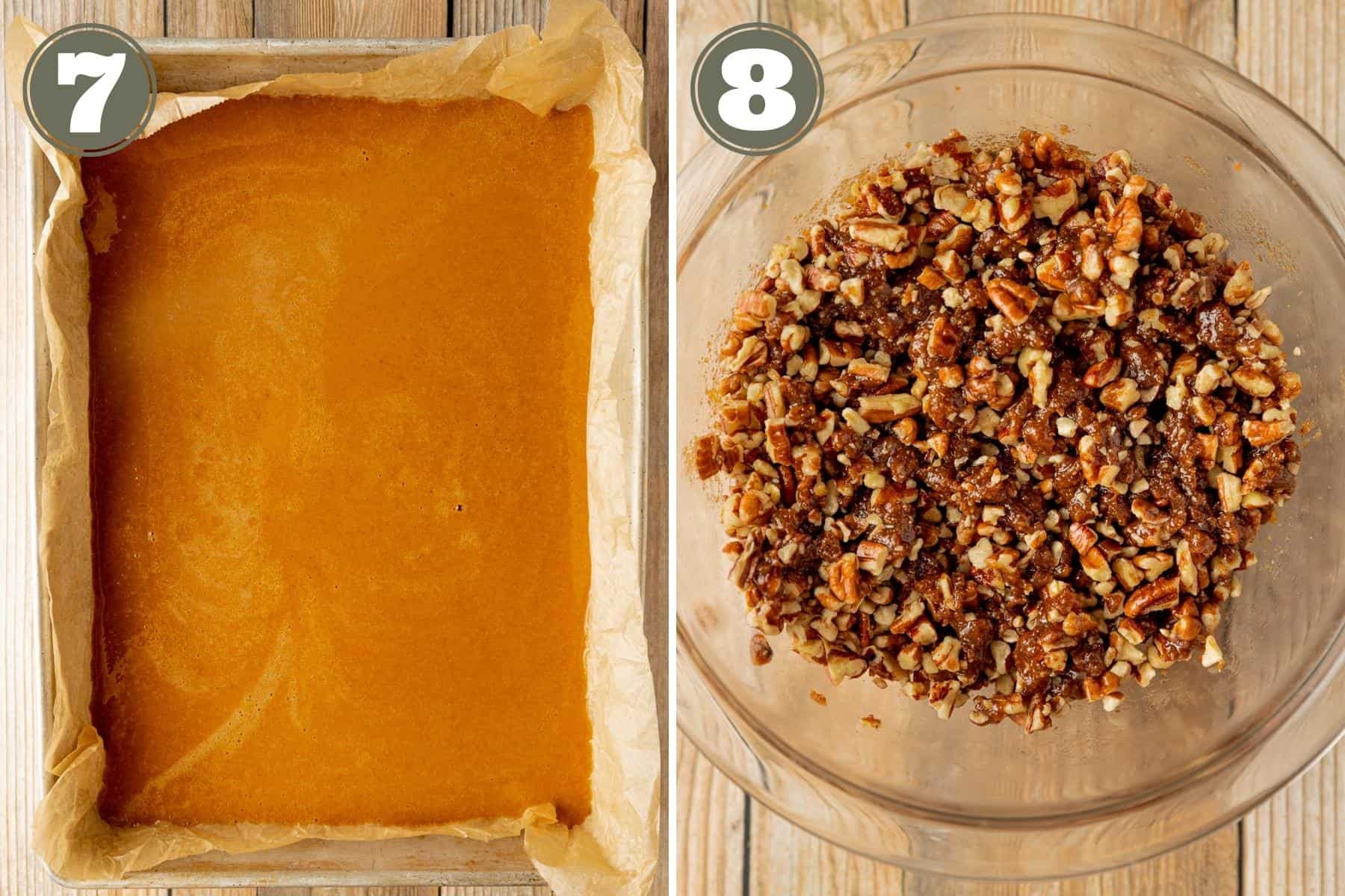 A side by side photo of pumpkin custard pured into a baking pan and another photo of a mixing bowl with pecan pie topping.