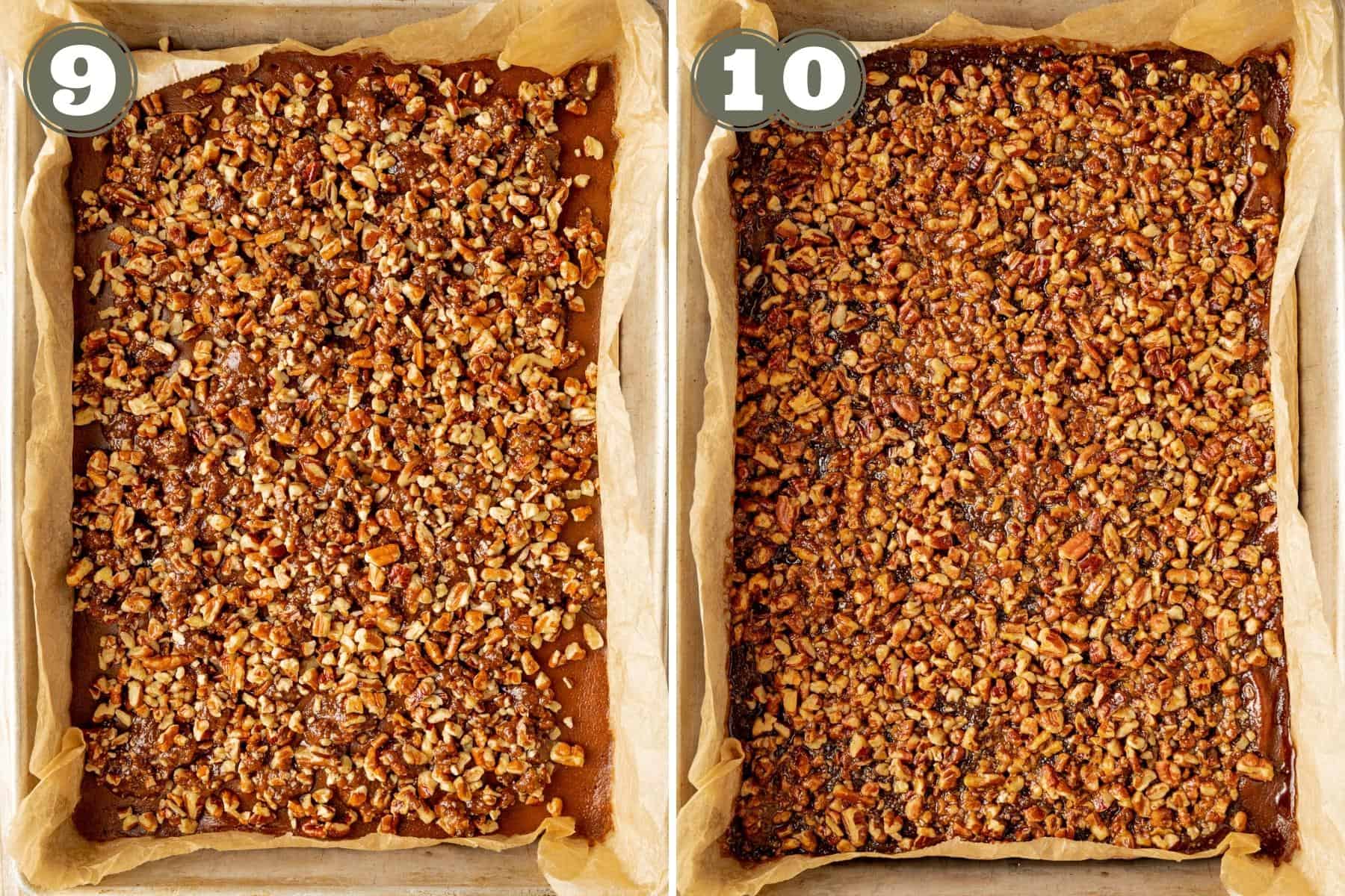 A side by side photo of pumpkin pie bars with pecan pie topping before and after baking