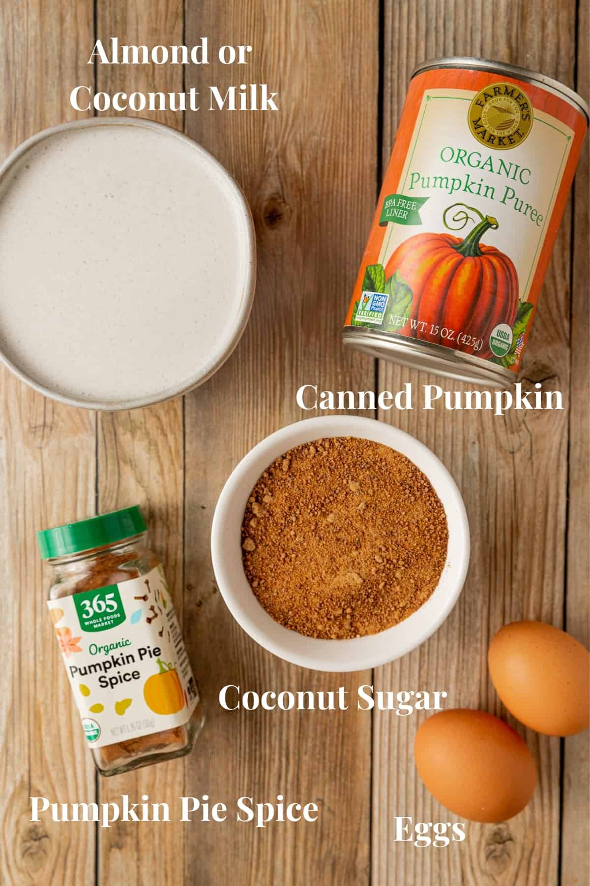 An overview shot of the ingredients needed for paleo pumpkin custard.