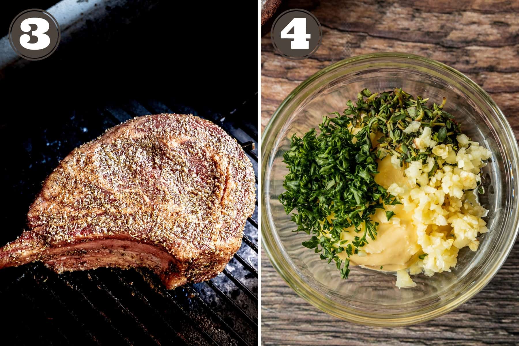 Side by side photos showing a tomohawk steak on a pellet grill and a compound butter in a small bowl.