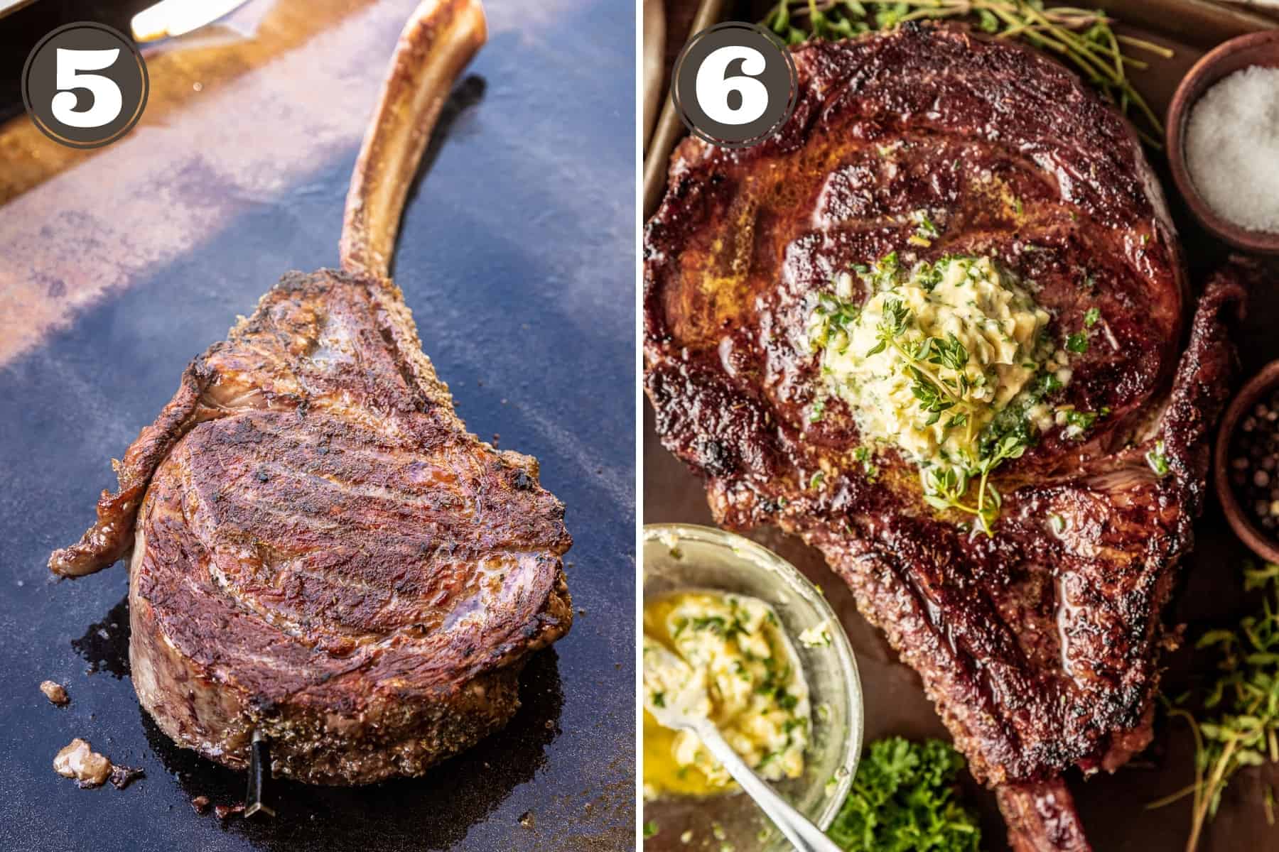 Side by side photos showing a tomohawk steak being reverse seared on a griddle and being served with compound butter.