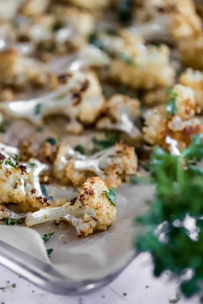 A pan of oven roasted cauliflower