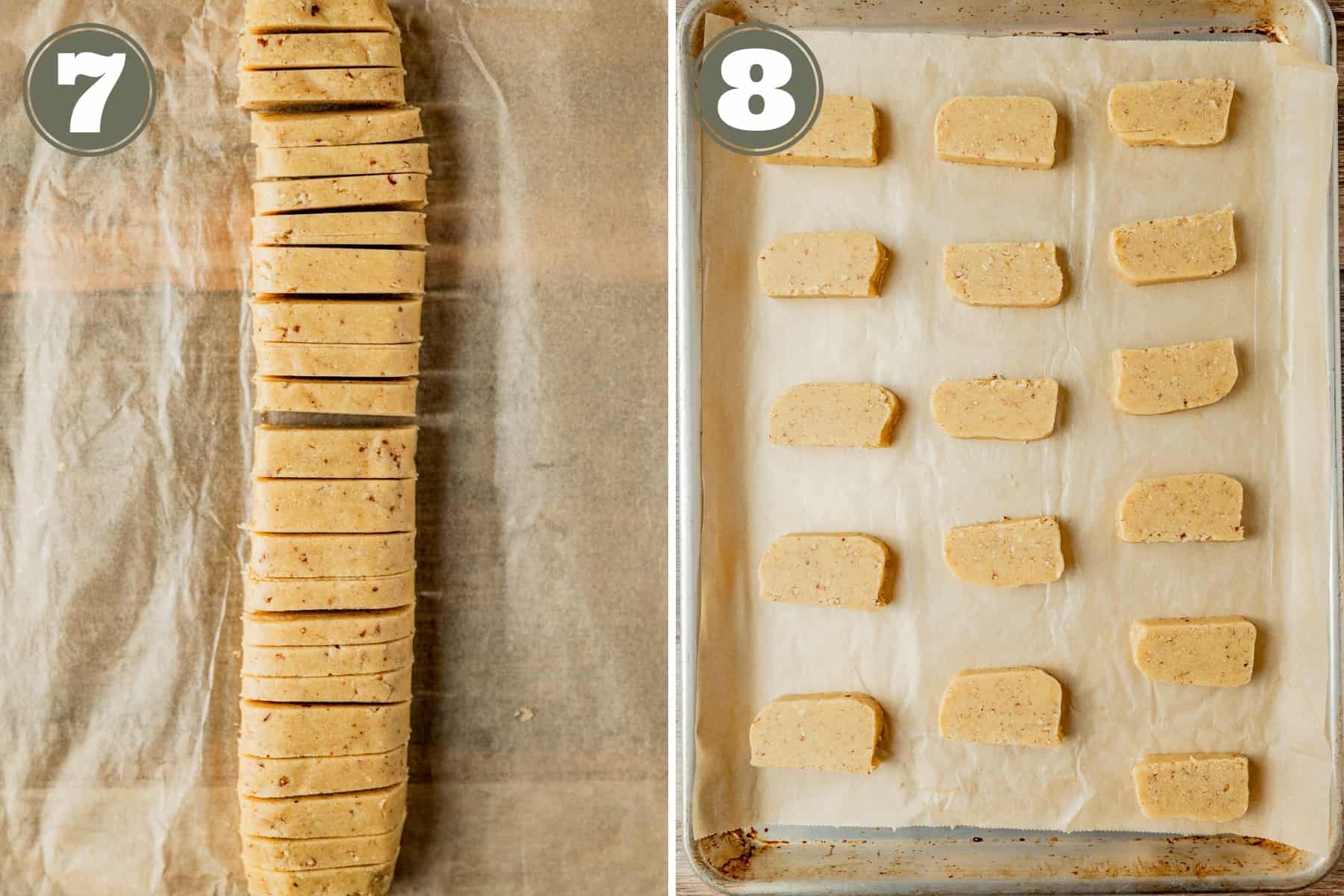 Side by side process shots for shortbread cookies including slicing the dough and placing on a parchment paper lined baking sheet.