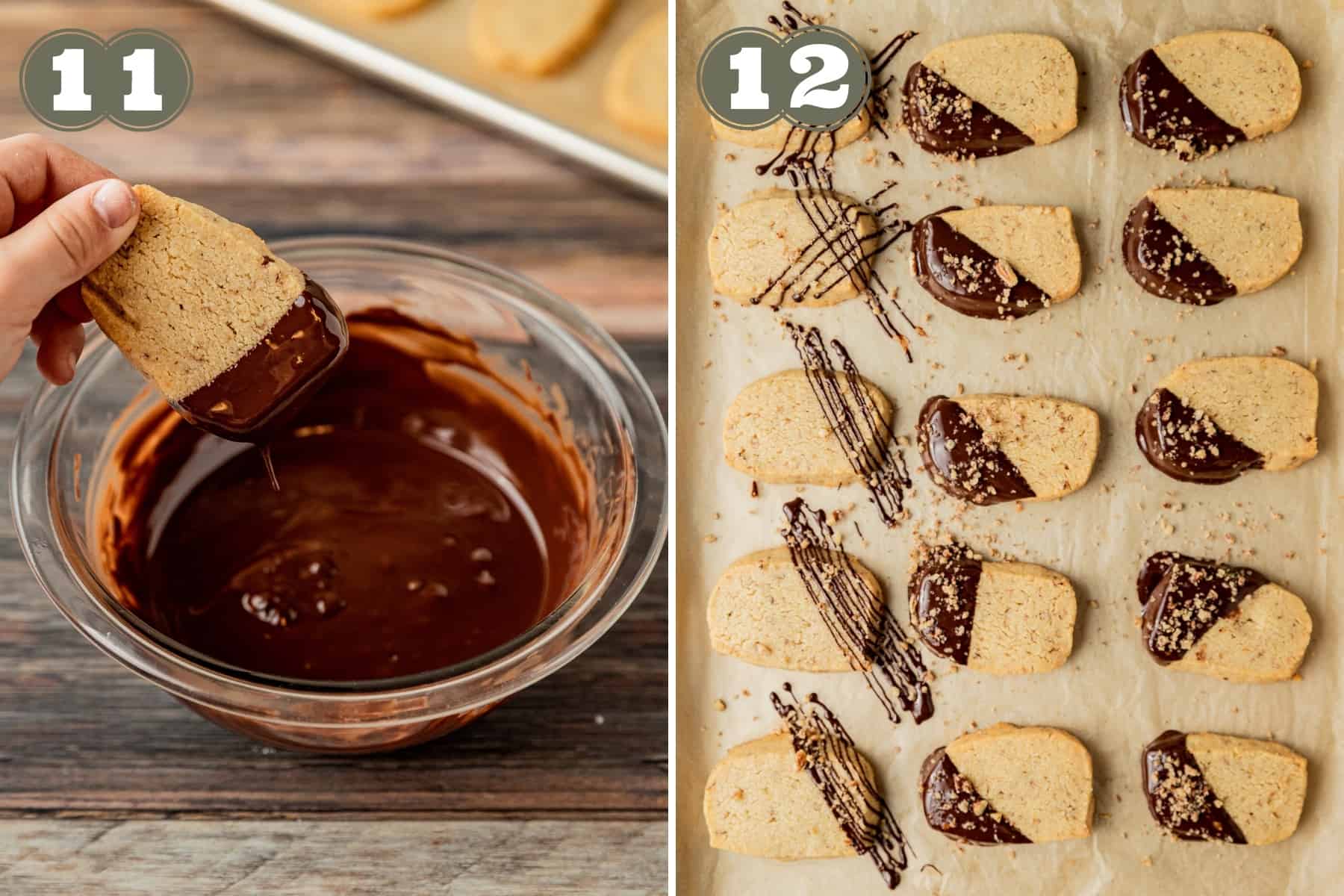 Side by side process shots for shortbread cookies including dipping cookies into melted chocolate and laying flat on a baking sheet.