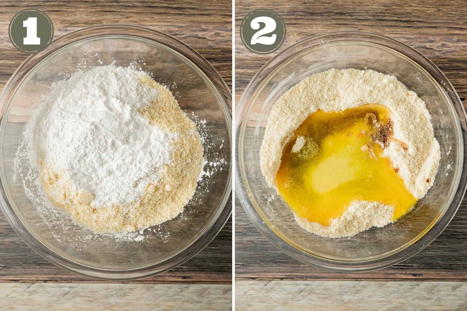 Side by side process shots for shortbread cookies including mixing dry ingredients and adding wet ingredients.