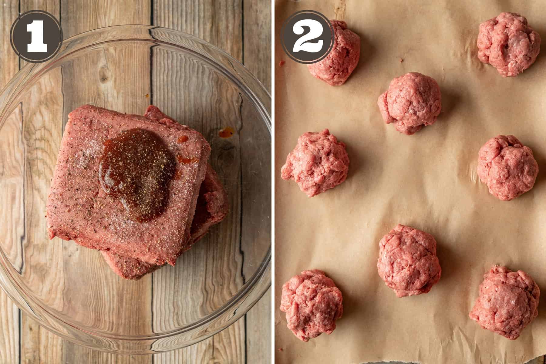 Side by side process photos showing ground meat in a bowl with seasoning and eight balls of meat on parchment paper.