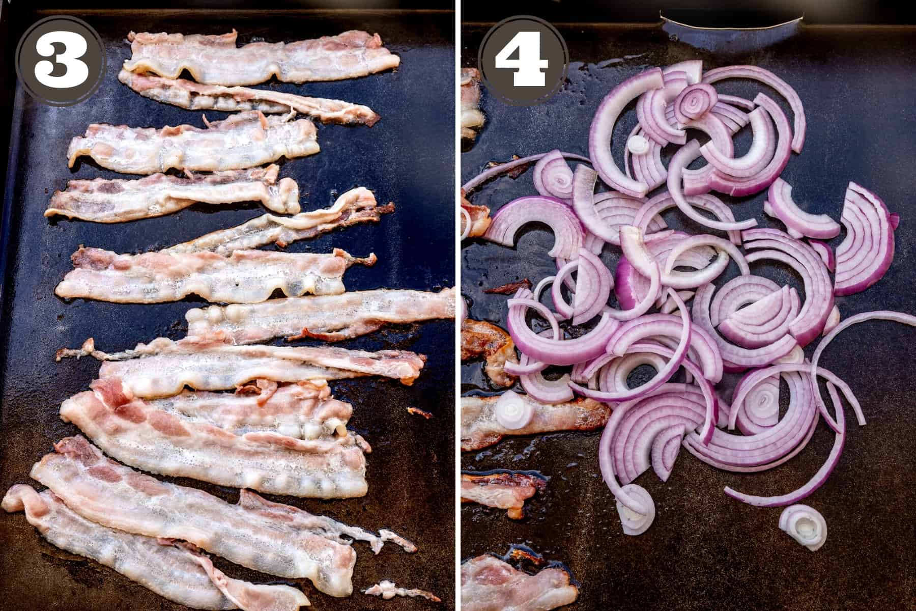 Side by side photos showing bacon cooking on a blackstone and onions caramelizing.