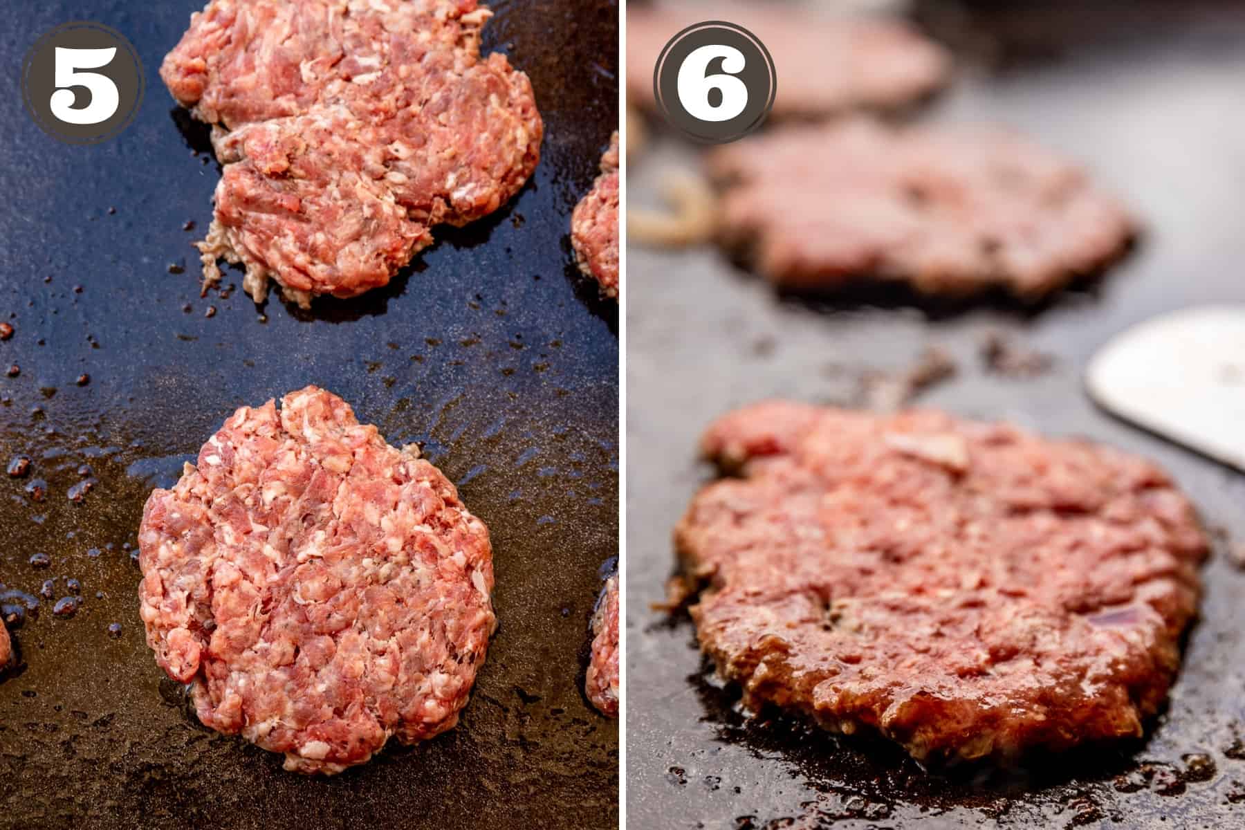 Side by side photos showing balls of meat added to a hot griddle and being smashed with a metal spatula.