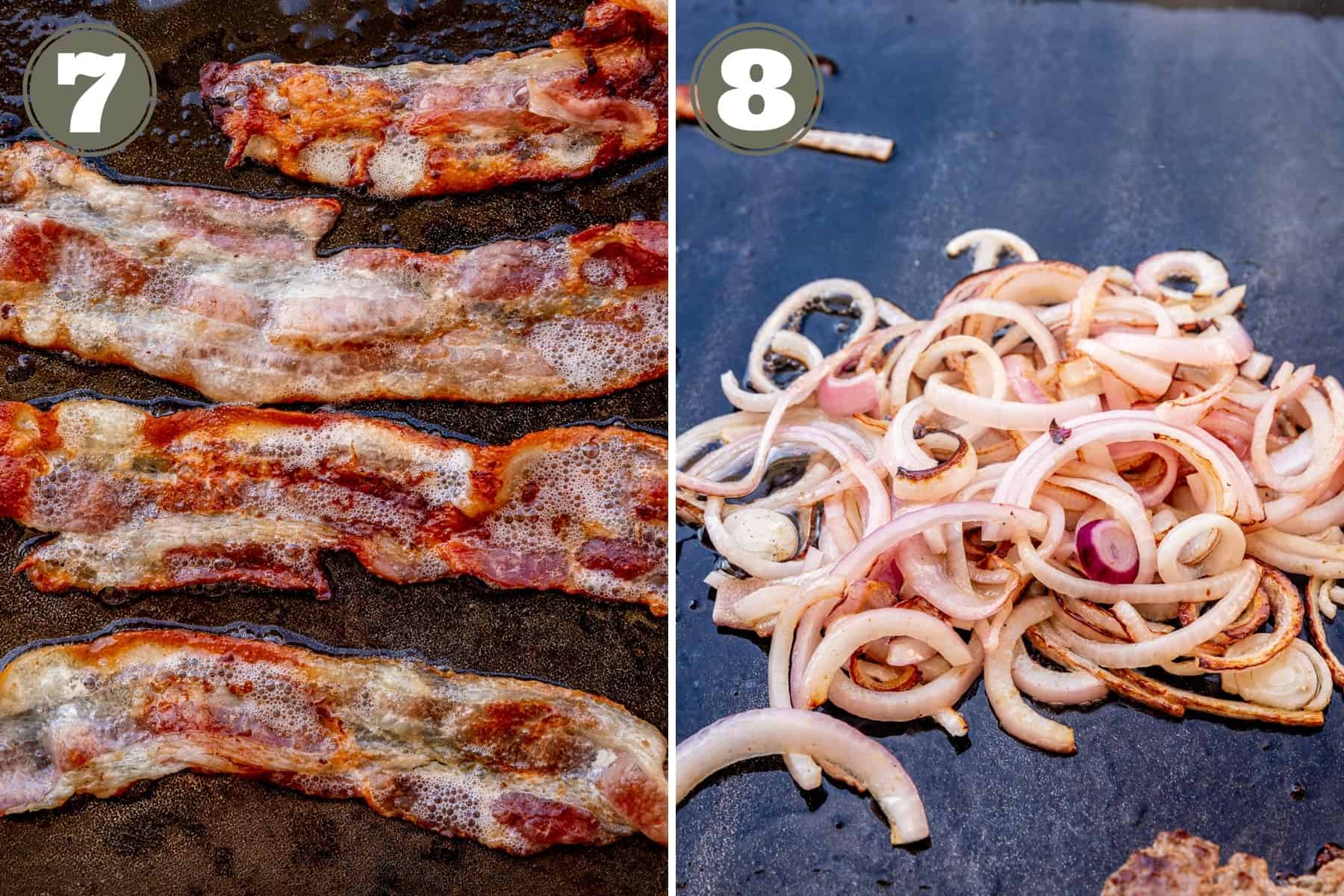 Side by side photos showing bacon fully cooked on a blackstone griddle and onions fully caramelized.