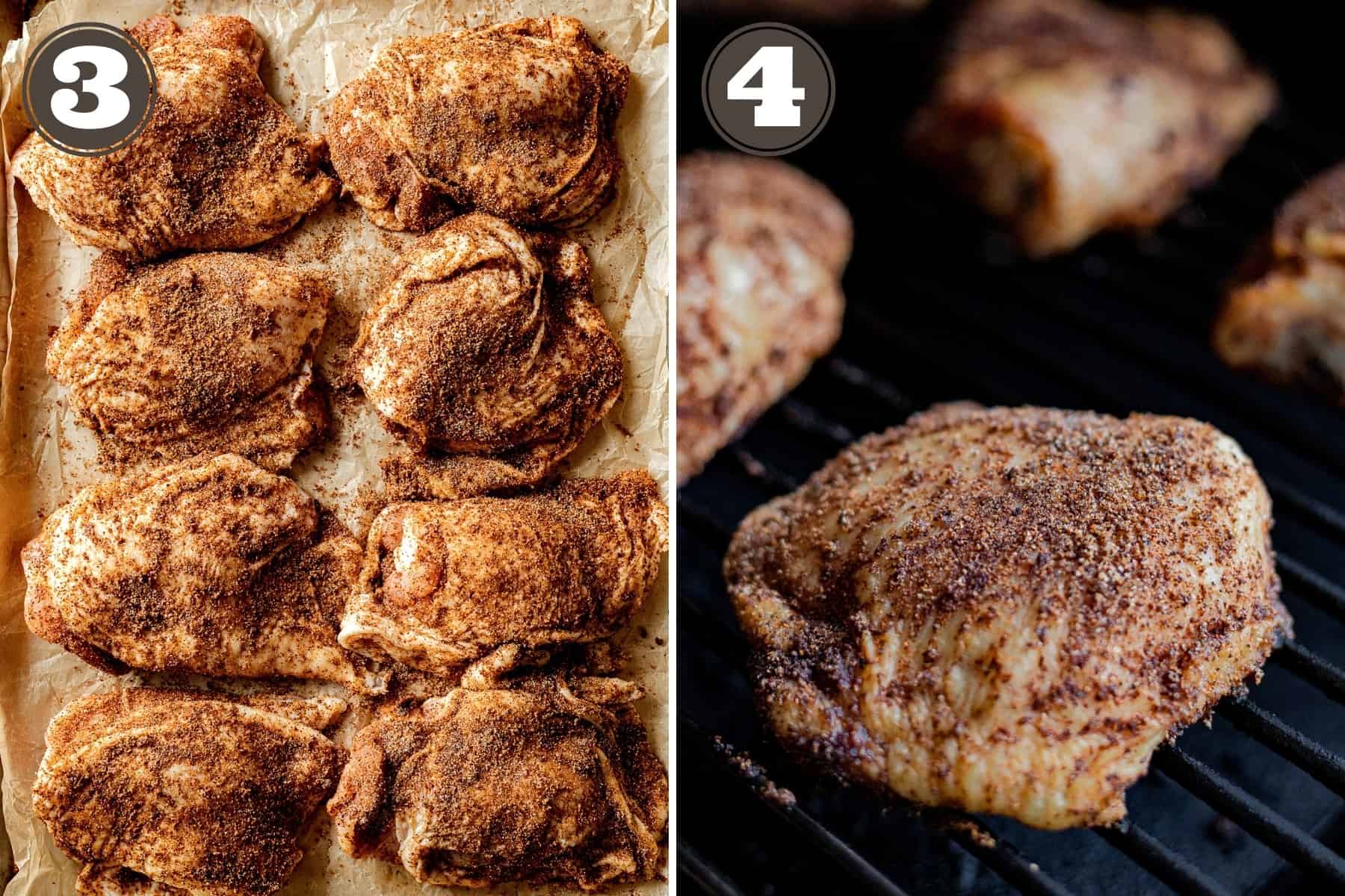 Side by side photos showing chicken thighs with bbq rub and the thighs on a traeger grill.