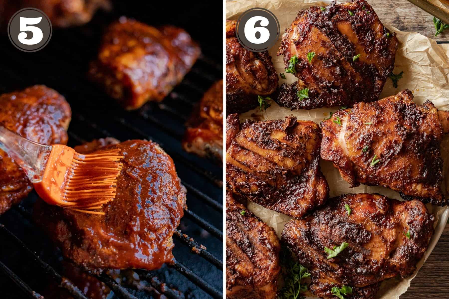 Side by side photos showing chicken thighs on a grill being brushed with BBQ sauce and plated smoked chicken thighs.
