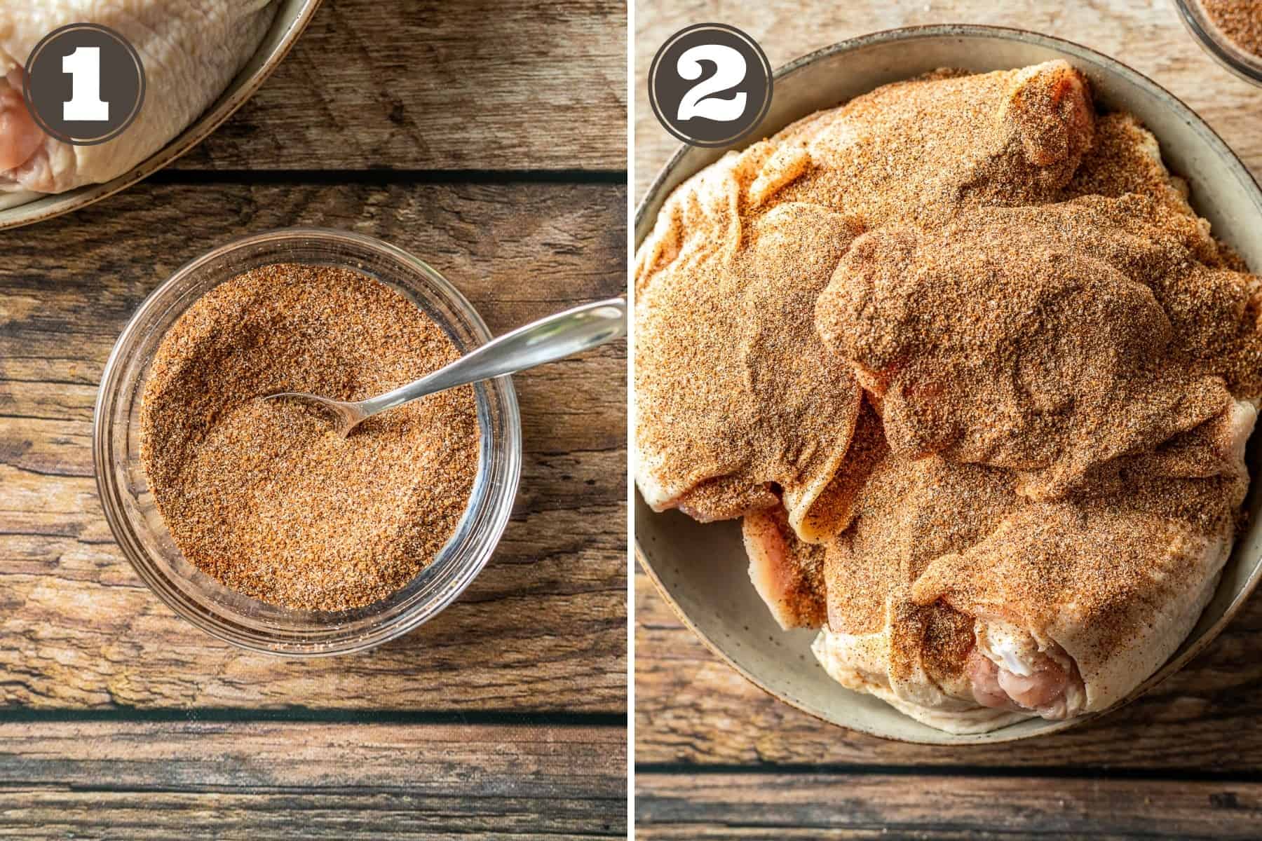 Side by side process photos of a bowl of spices and chicken thighs sprinkled with spices.