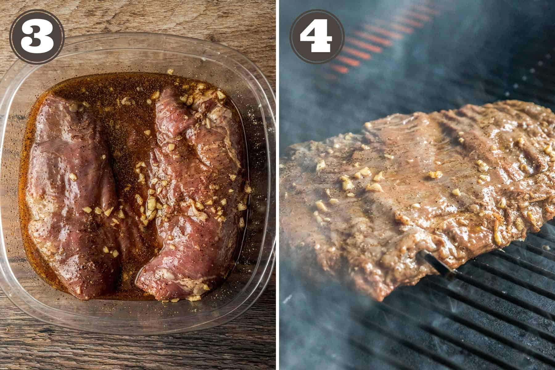 Side by side photos of a flank steak marinading and the steak on Traeger grill grates.