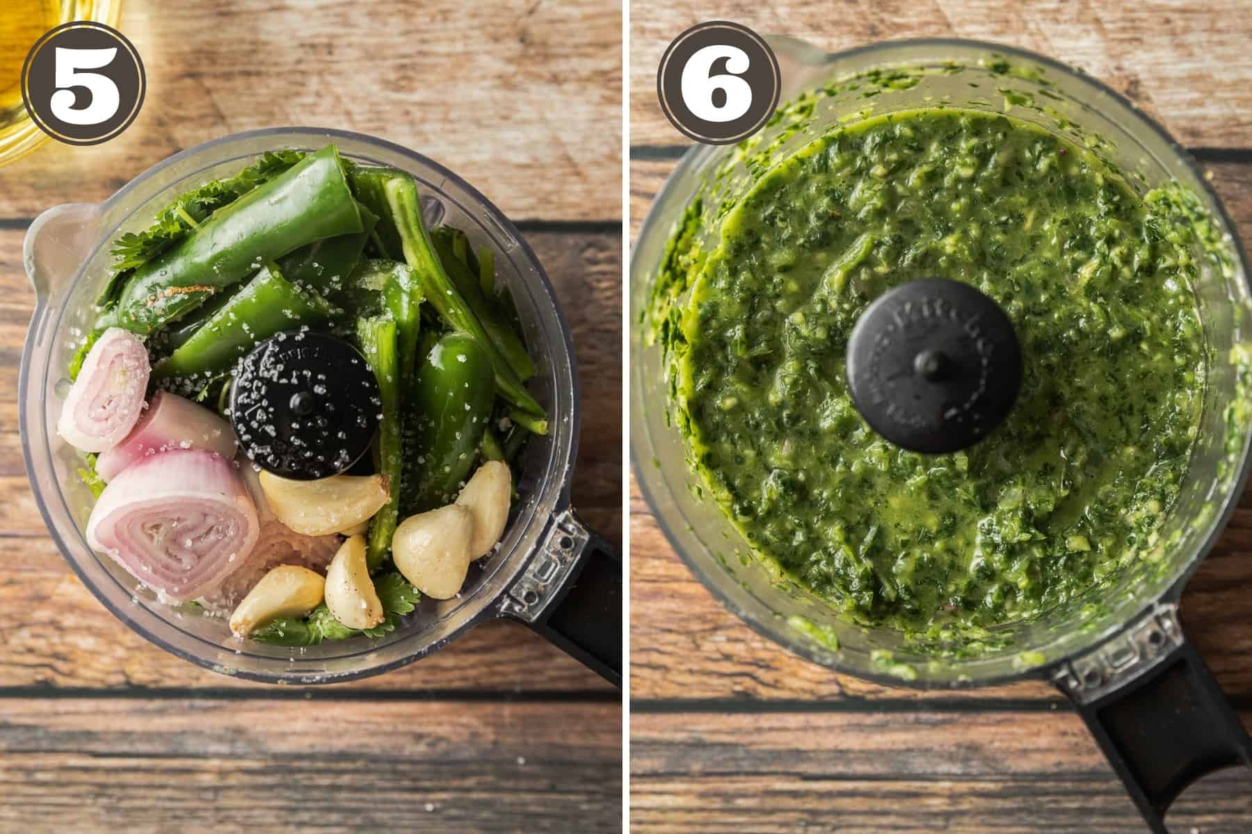 Side by side photos showing all chimichurri ingredients in a food processor before and after blending.