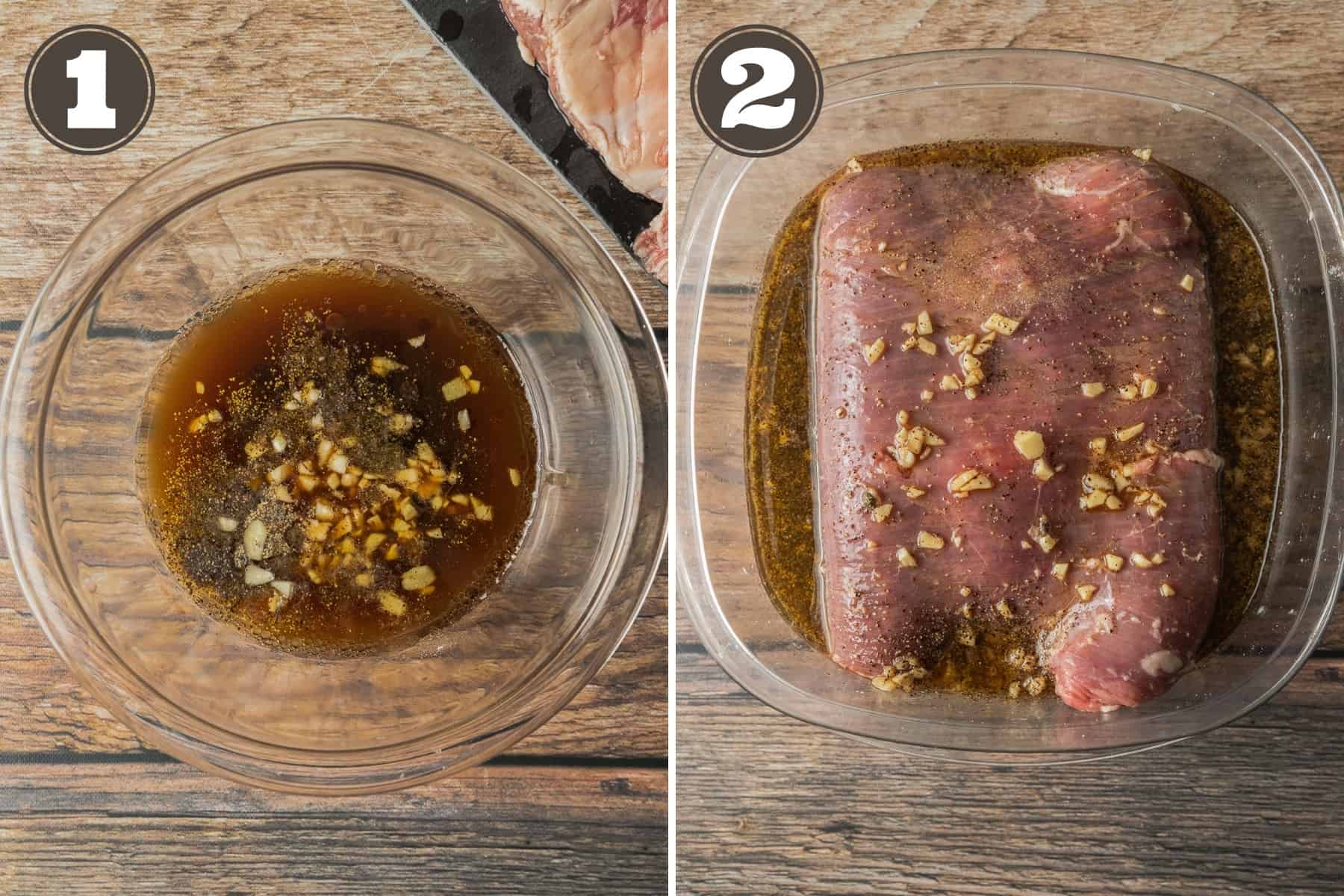 Side by side photos of a bowl of steak marinade and steak marinading in a shallow container.