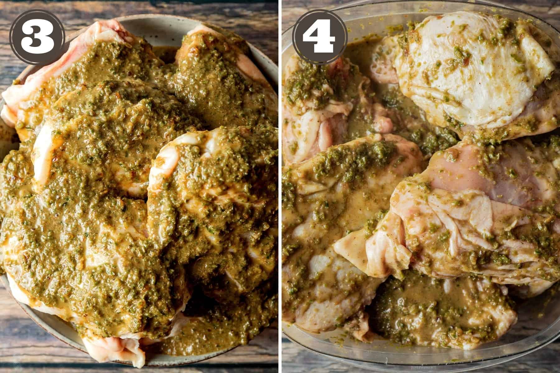 Side by side photos showing chicken thighs being marinaded with jerk seasoning.  