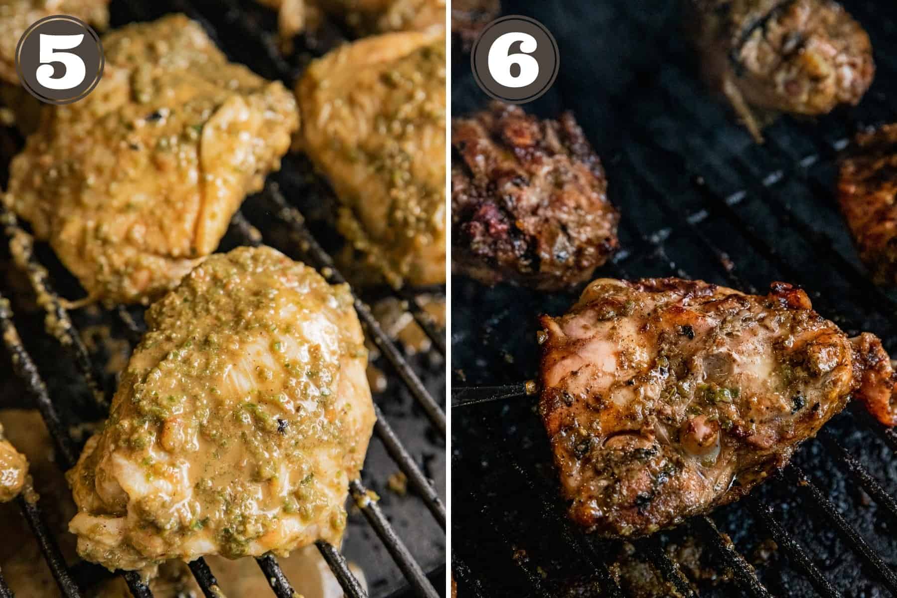 Side by side photos of jerk chicken on the pellet grill.