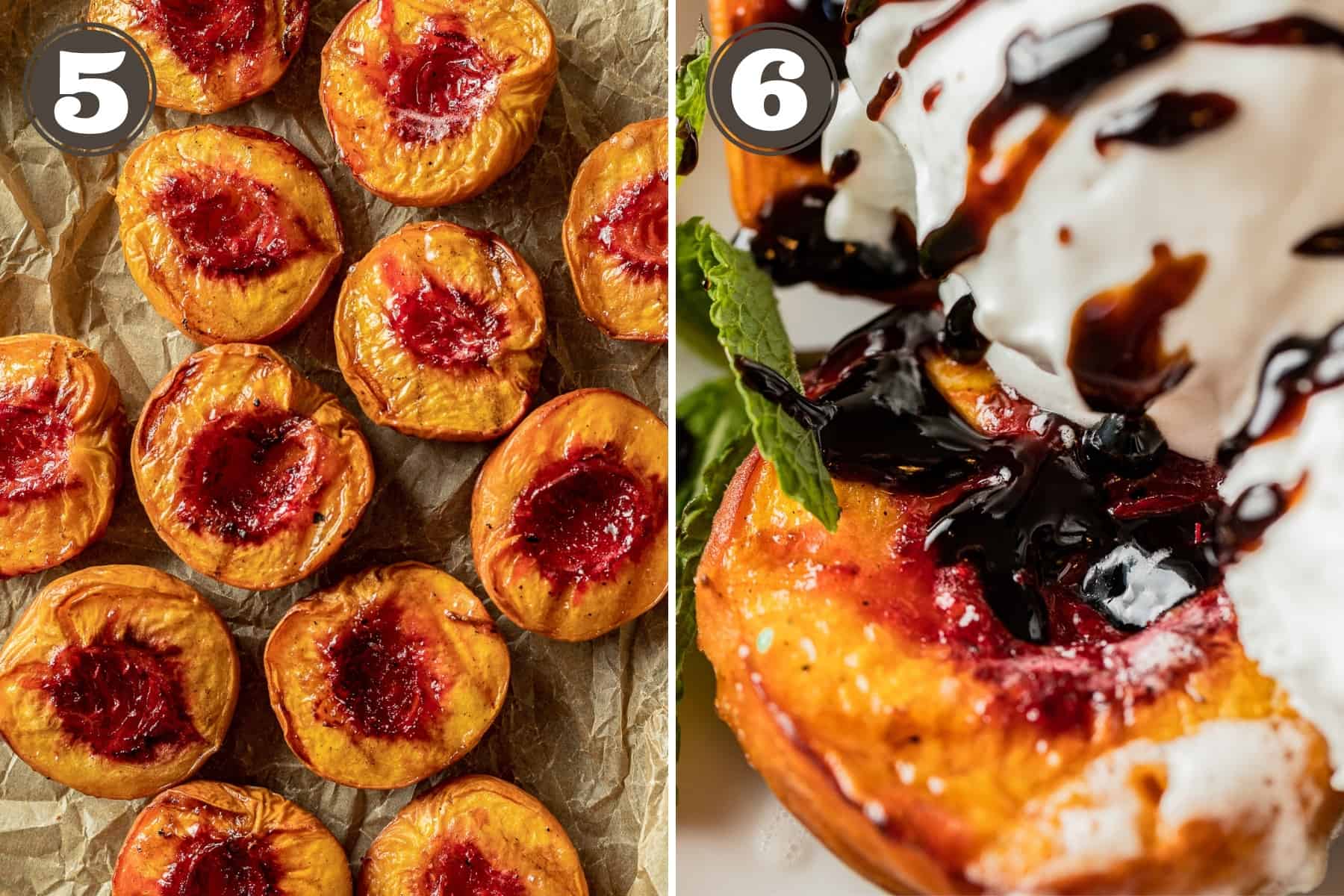 Side by side photos of smoked peaches with grill marks on parchment paper and peaches topped with vanilla ice cream and balsamic glaze.