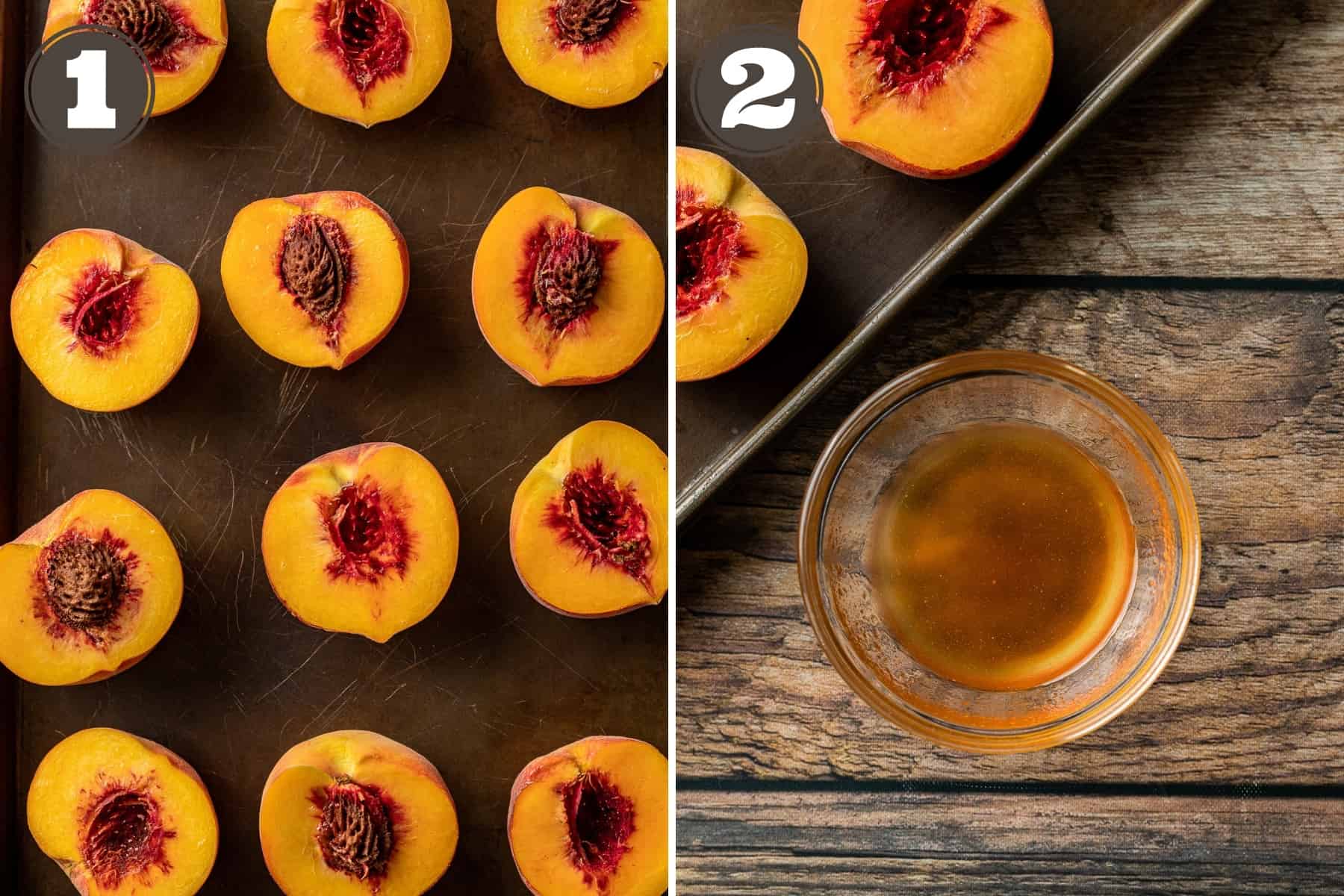 Side by side photos of sliced and pitted peaches on a baking sheet and a honey oil mixture in a glass bowl.