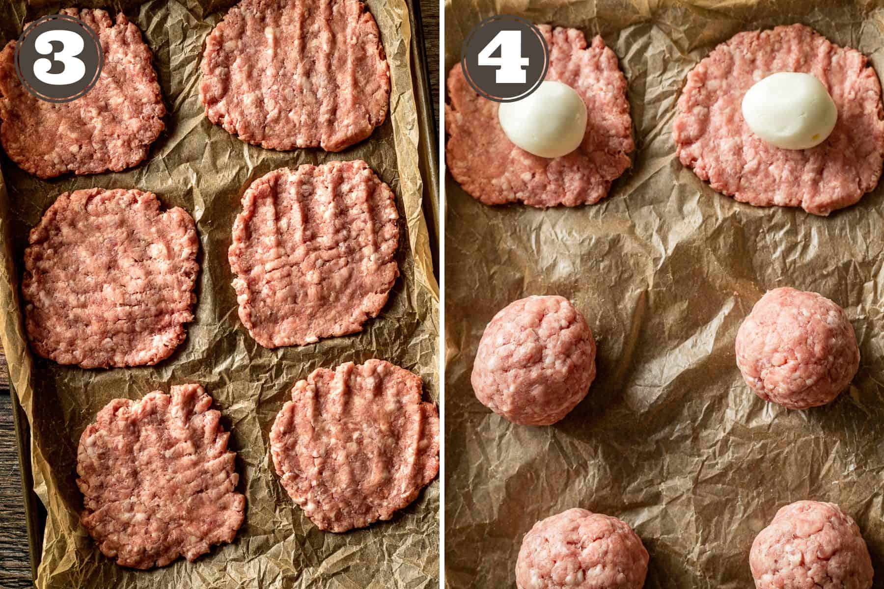 Side by side photos showing ground pork made into patties and wrapping the patties around a hard boiled egg. 