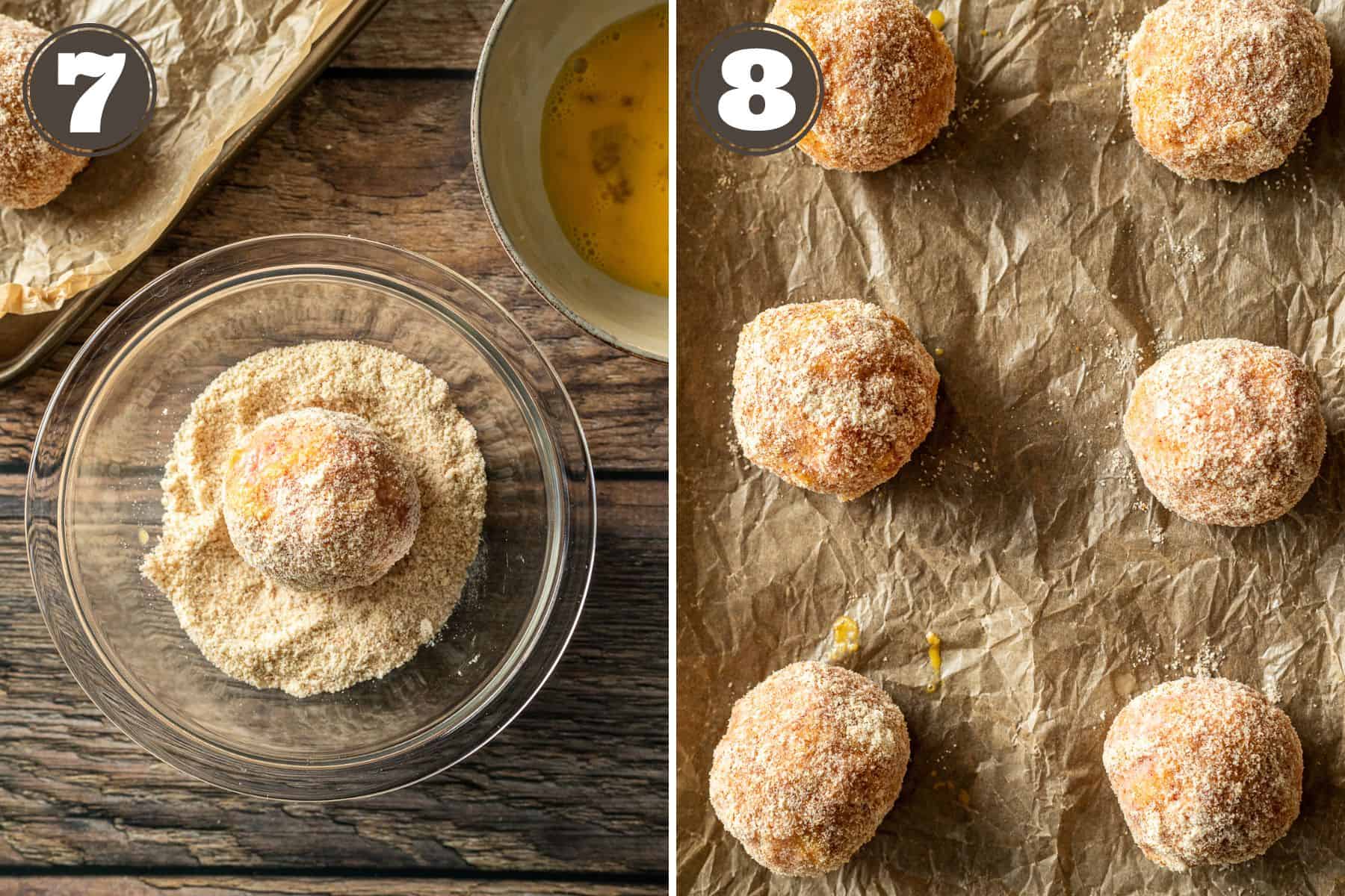 Side by side photos showing scotch eggs being rolled in gluten-free breading and placed on a baking sheet.