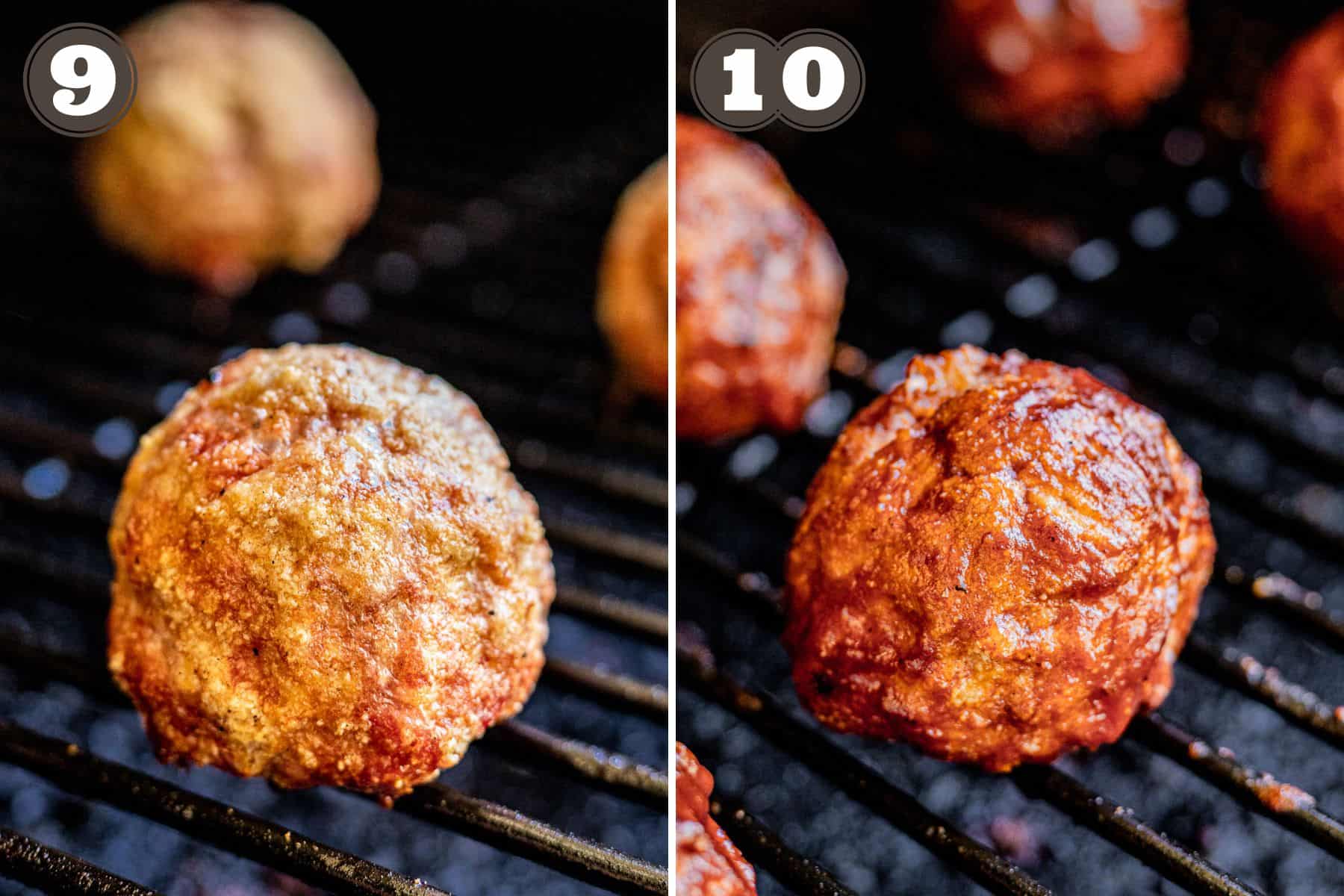 Side by side photos showing scotch eggs being placed on a pellet smoker and brushed with BBQ sauce.
