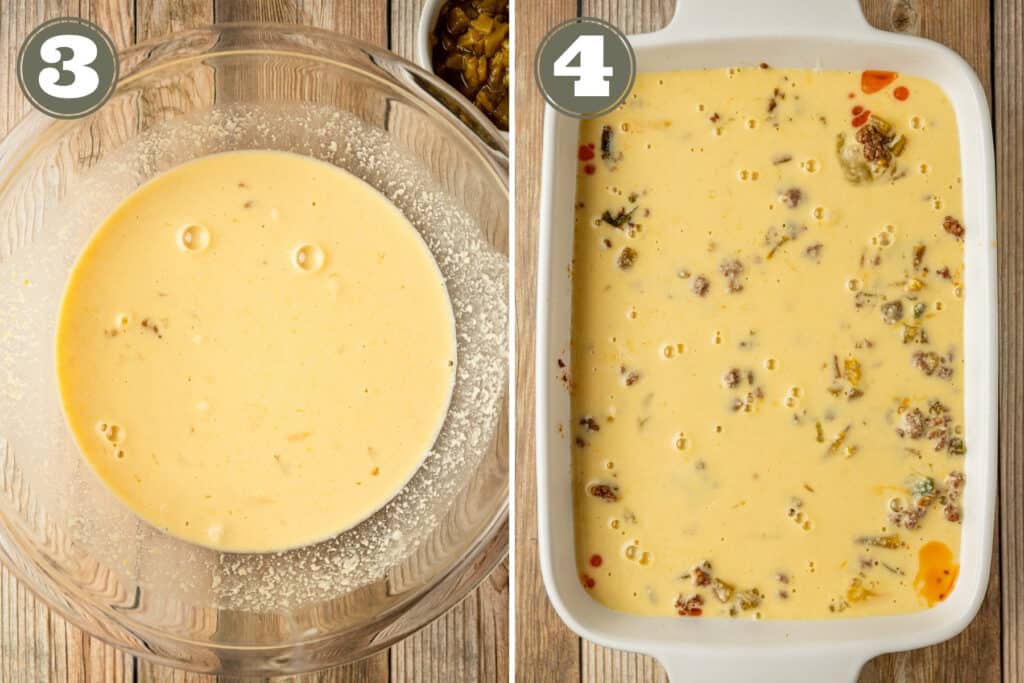 Side by side photos of the process to make taco casserole including mixing a bisquick like mixture and pouring it over ground beef in a casserole dish.