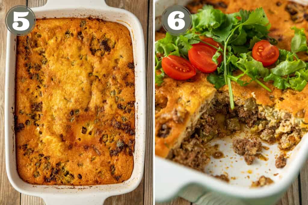 Side by side photos of the process to make taco casserole including the baked casserole and a photo of a slice removed and topped with lettuce and tomatoes.