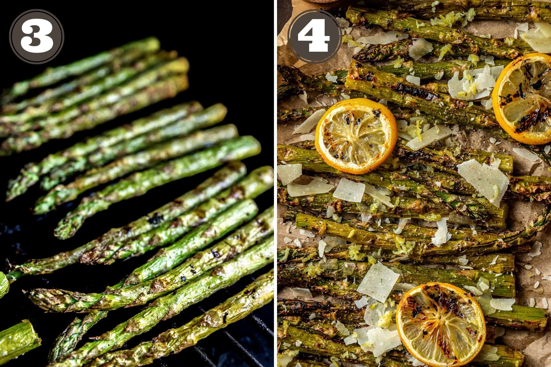 Side by side photos showing asparagus being grilled on a pellet grill and grilled asparagus topped with parmesean and lemons.