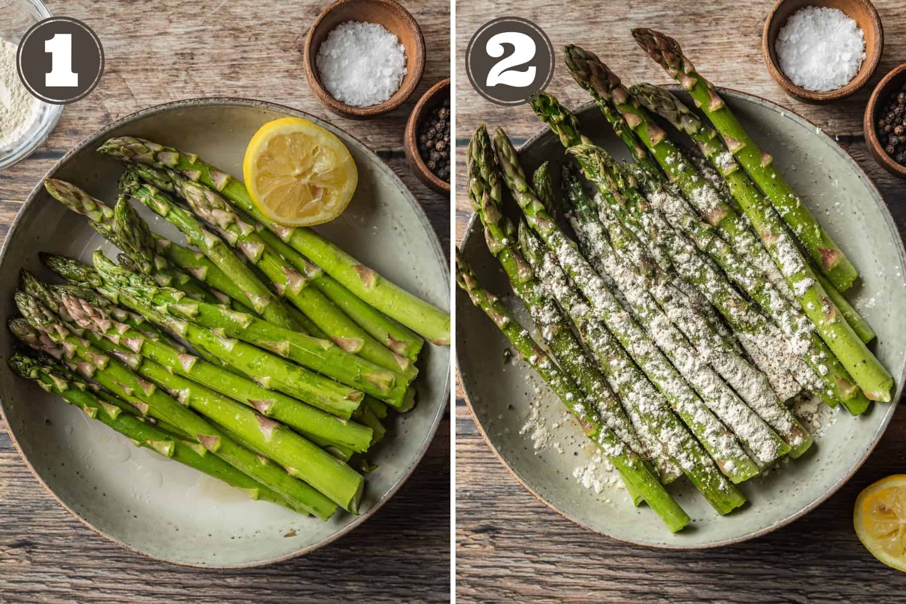 Side by side photos showing green asparagus in a bowl drizzled with oil, lemon juice, and sprinkles with garlic powder.