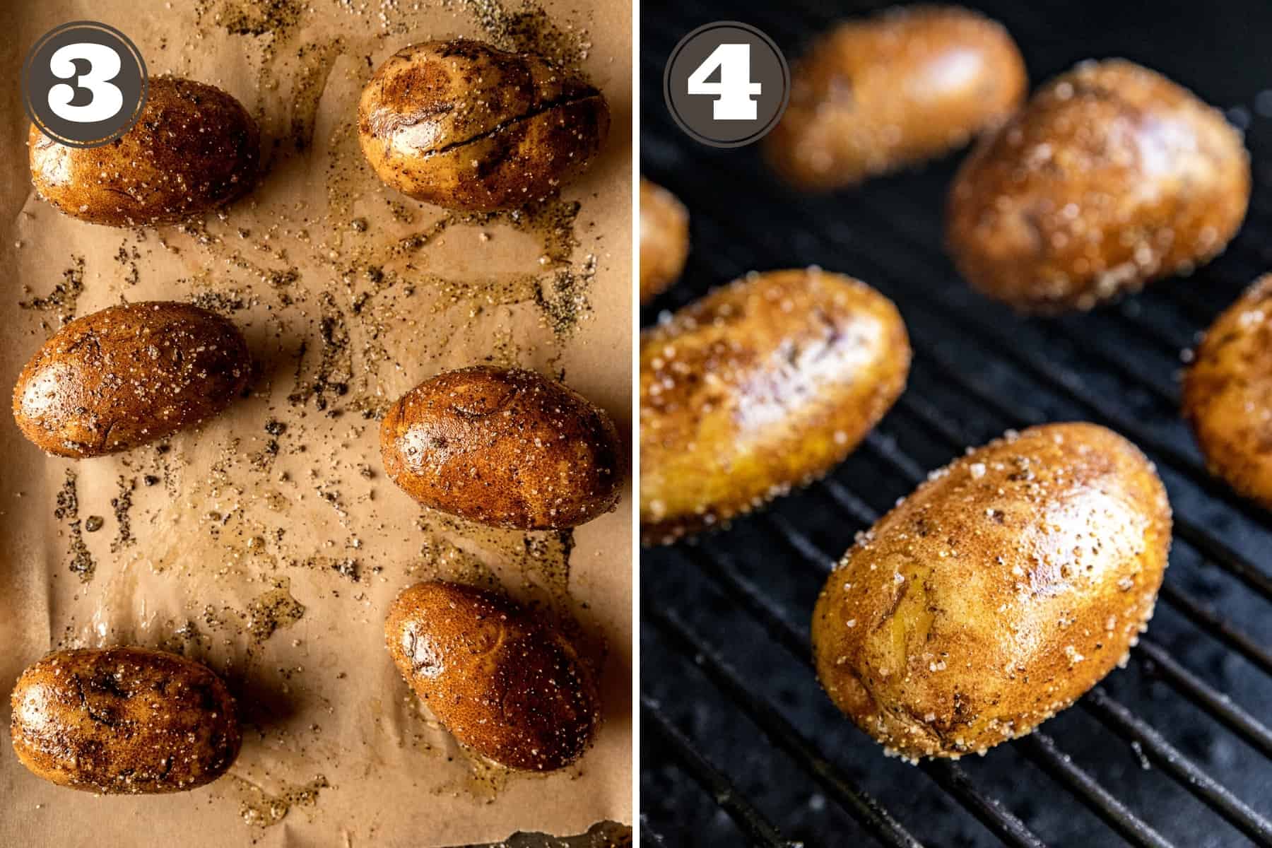 Side by side process shots for baked potatoes inclucing potatoes rubbed with oil and placed on grill grates.