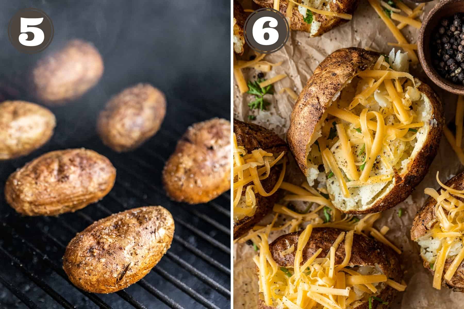 Side by side process shots for baked potatoes inclucing potatoes on a smoker and being prepared with butter and shredded cheese.