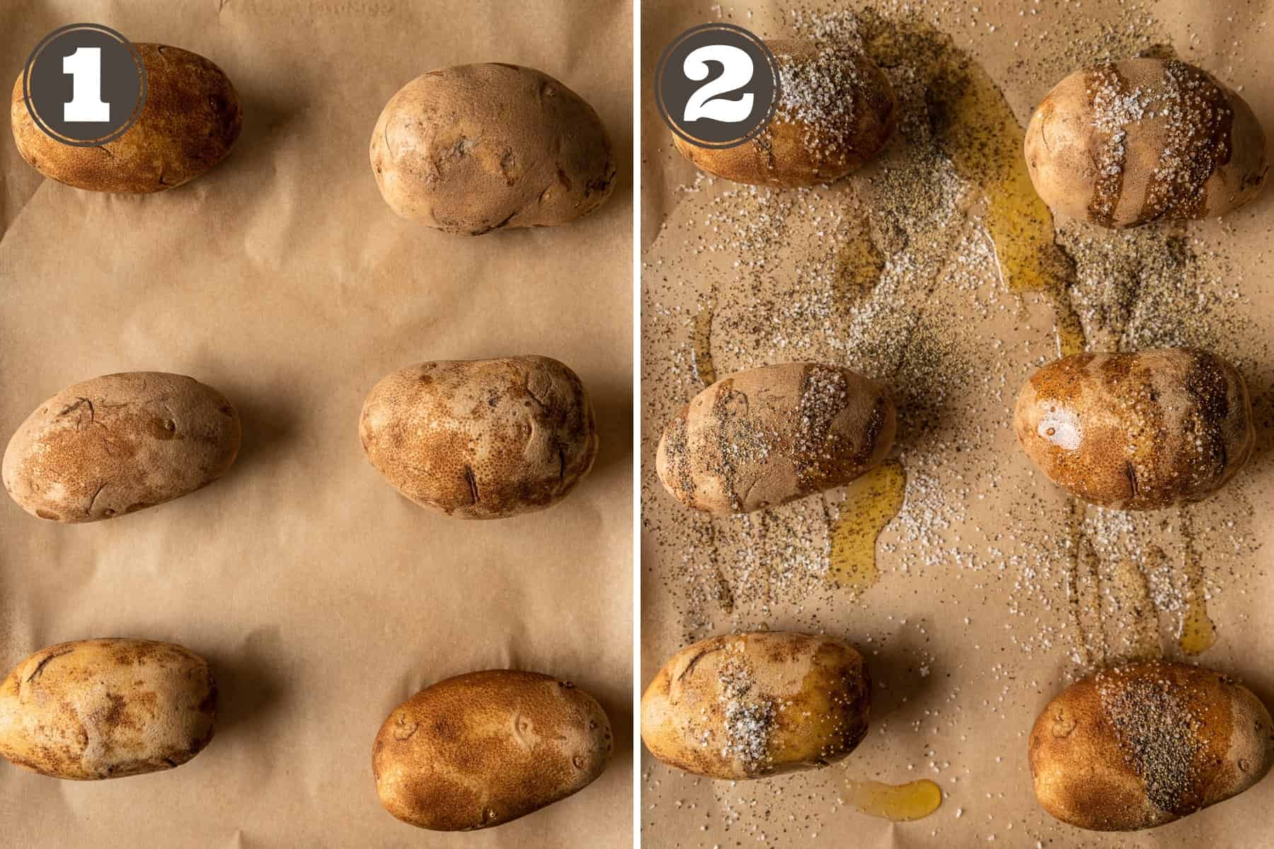 Side by side process shots for baked potatoes included cleaned potatoes drizzled with oil and seasoned with salt and pepper on a baking sheet.