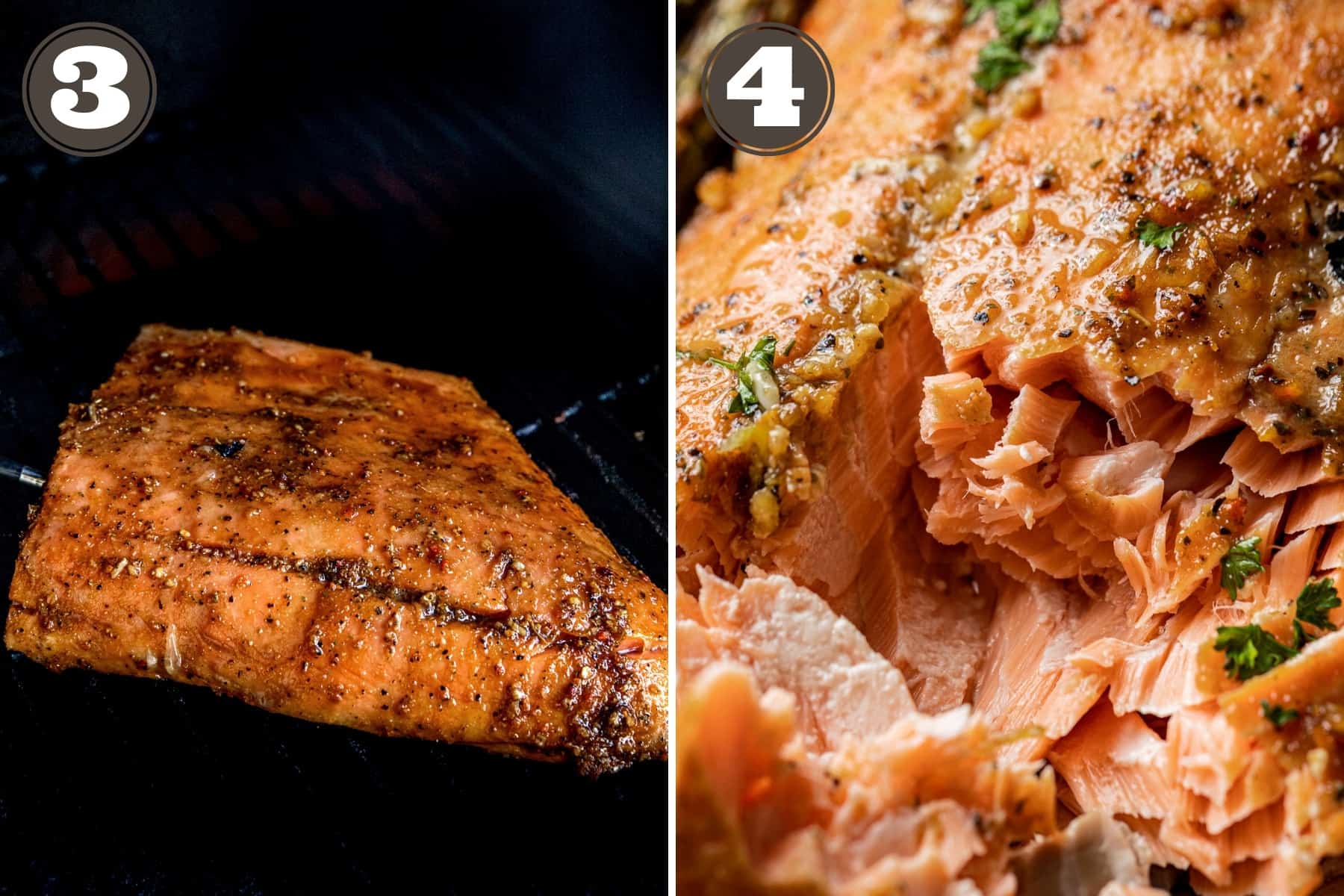 Side by side photos showing a salmon fillet on a grill and a cooked and flakey salmon fillet.