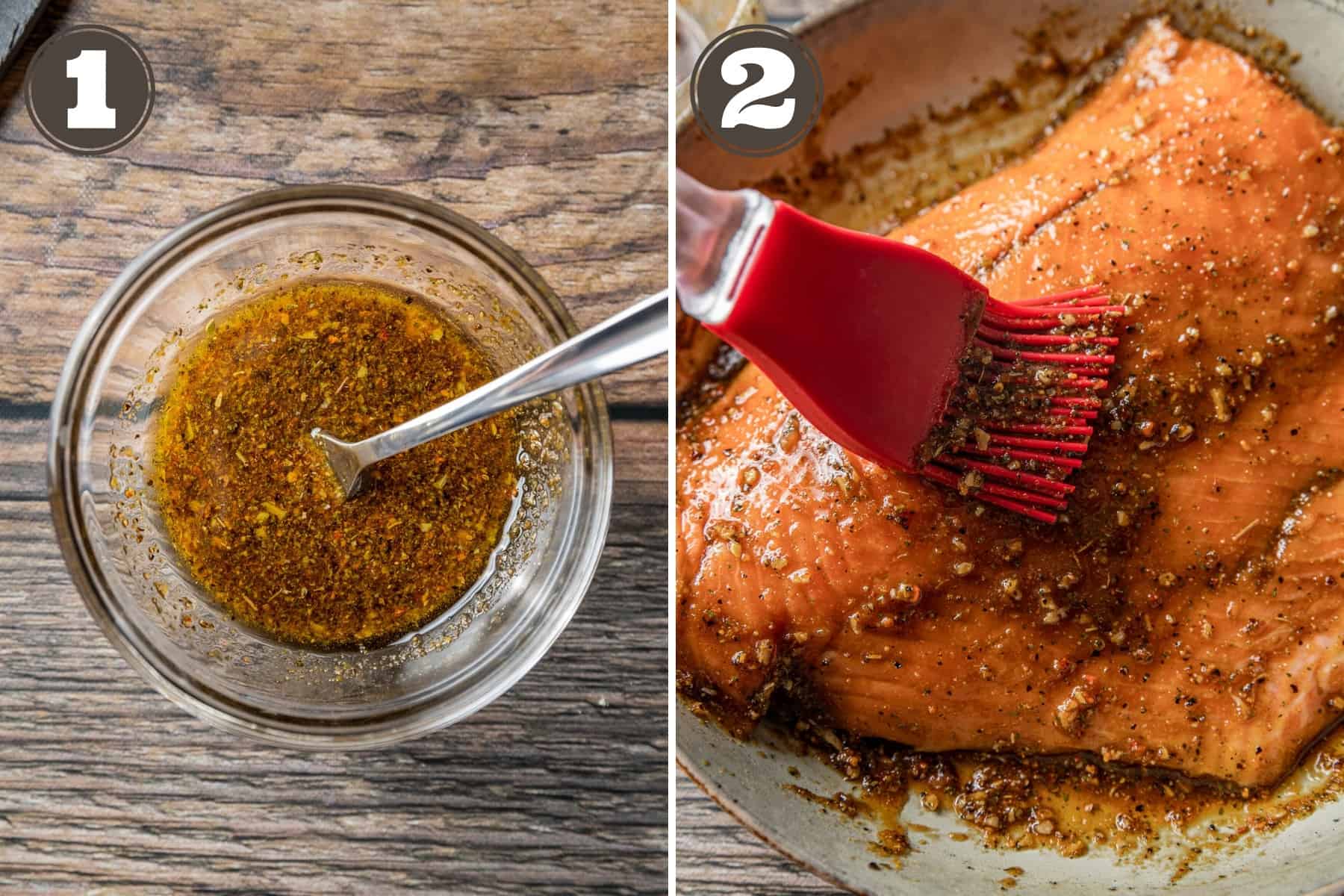 Side by side photos showing salmon marinade in a glass bowl and a salmon fillet being brushed with marinade.