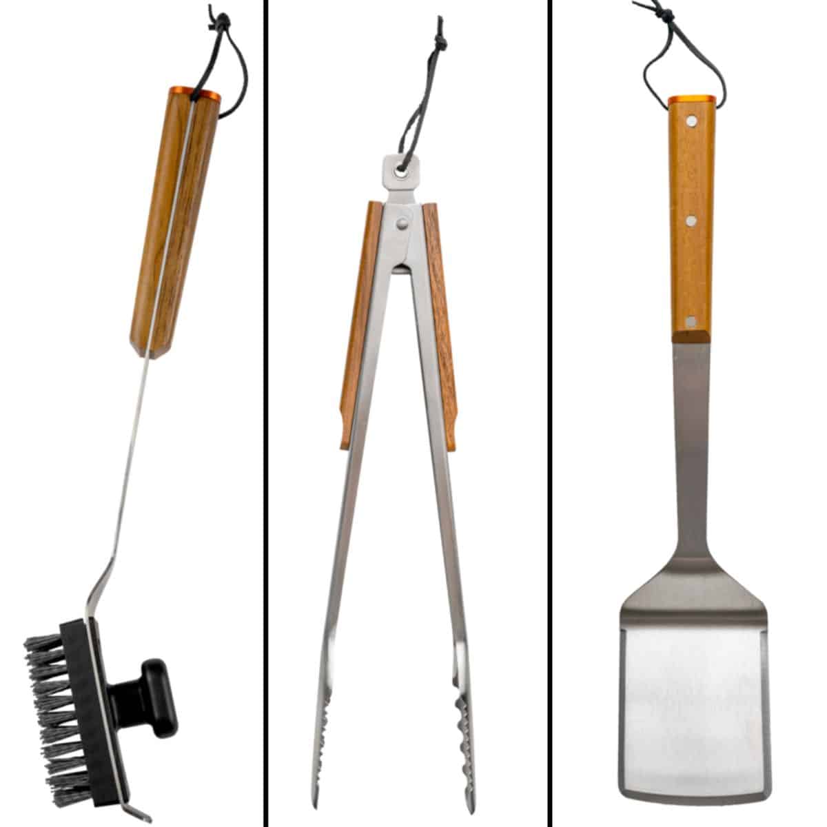 A collage of a grilling brush, spatula, and tongs on a white background.