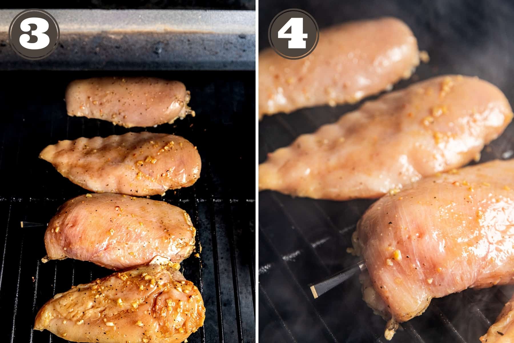 A side by side process shot of chicken on a traeger grill.