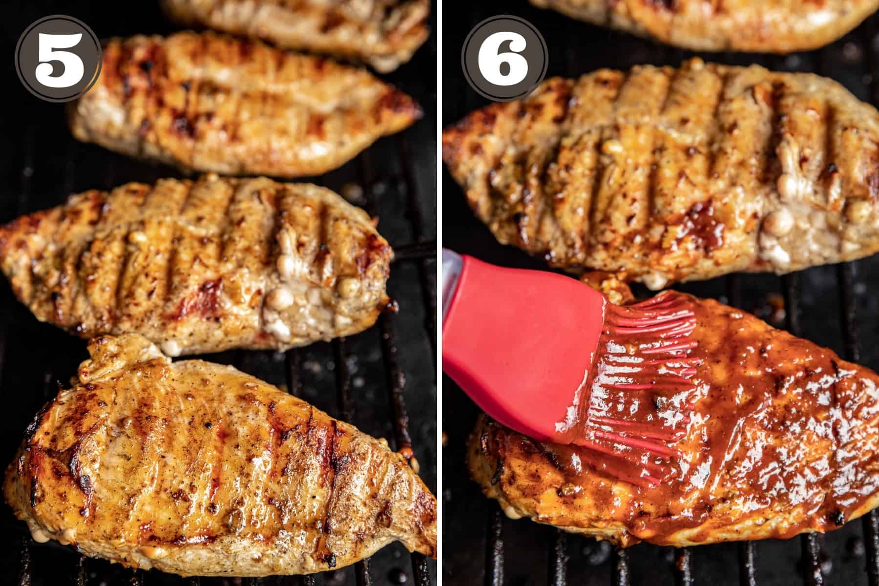 A side by side process shot of chicken on a traeger grill and chicken breast being brushed with bbq sauce. 