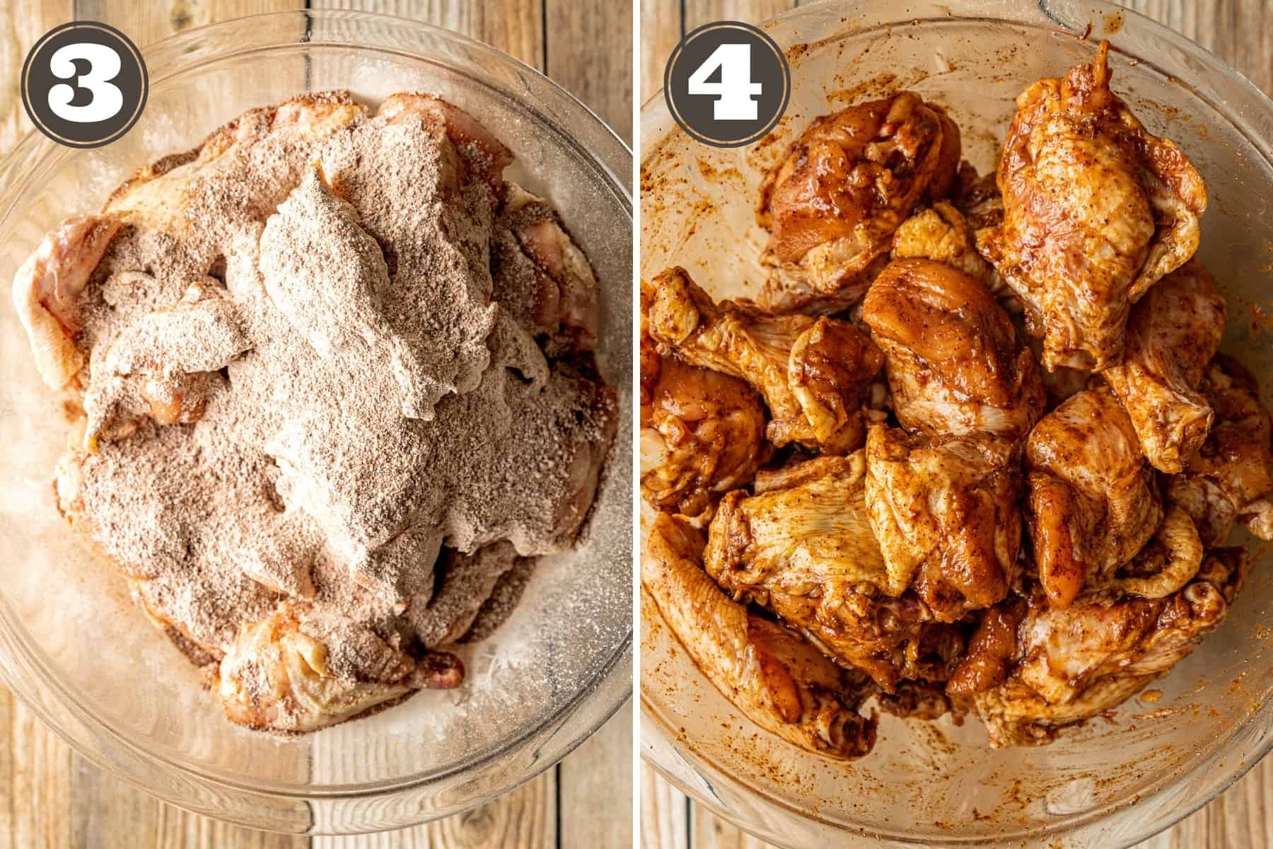 Side by side photos of chicken wings in a bowl with spices over the top of them and with the spices rubbed into the chicken.