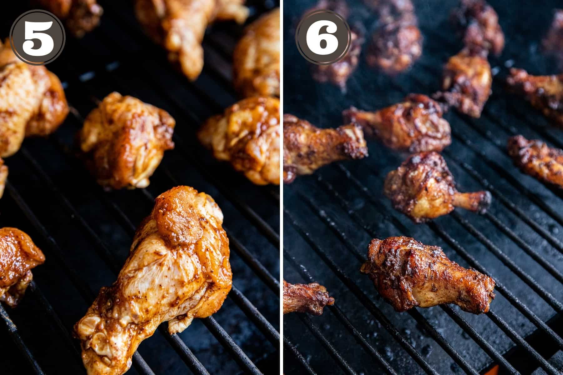 Side by side photos of chicken wings being places on the smoker and the chicken wings fully grilled on the smoker.