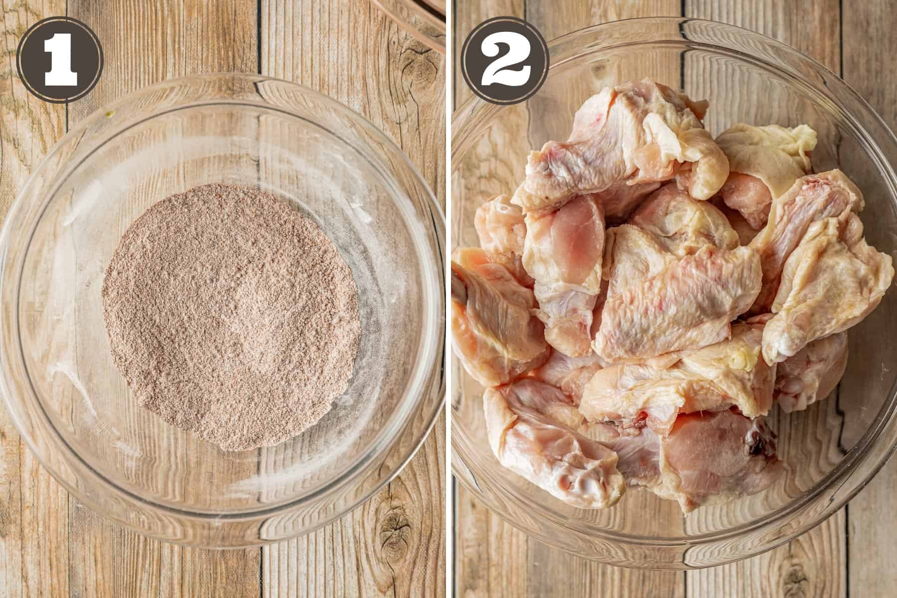 Side by side photos of dry rub spices mixed in a bowl and chicken wings in another glass bowl on a wood background.
