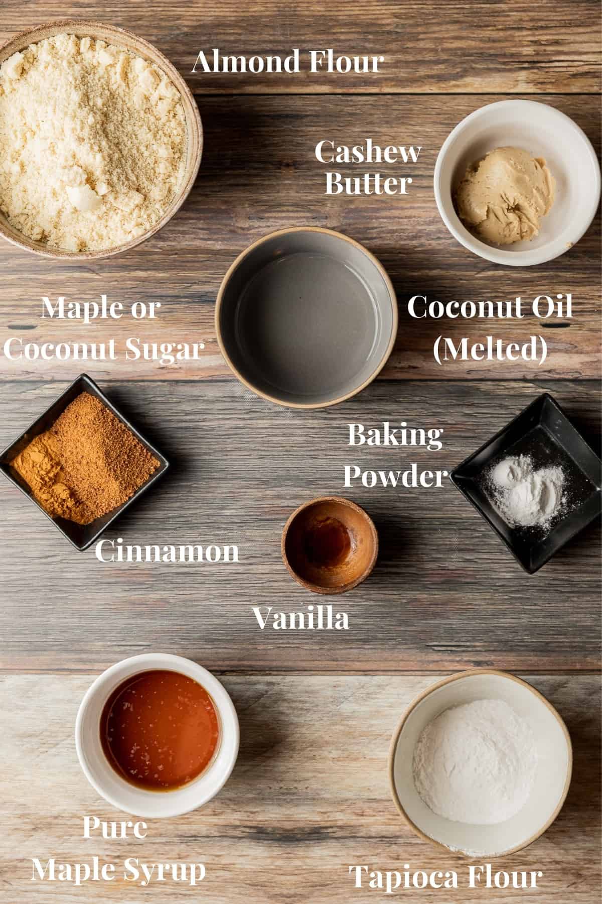 An overview shot of the ingredients needed for paleo and vegan snickerdoodle cookies