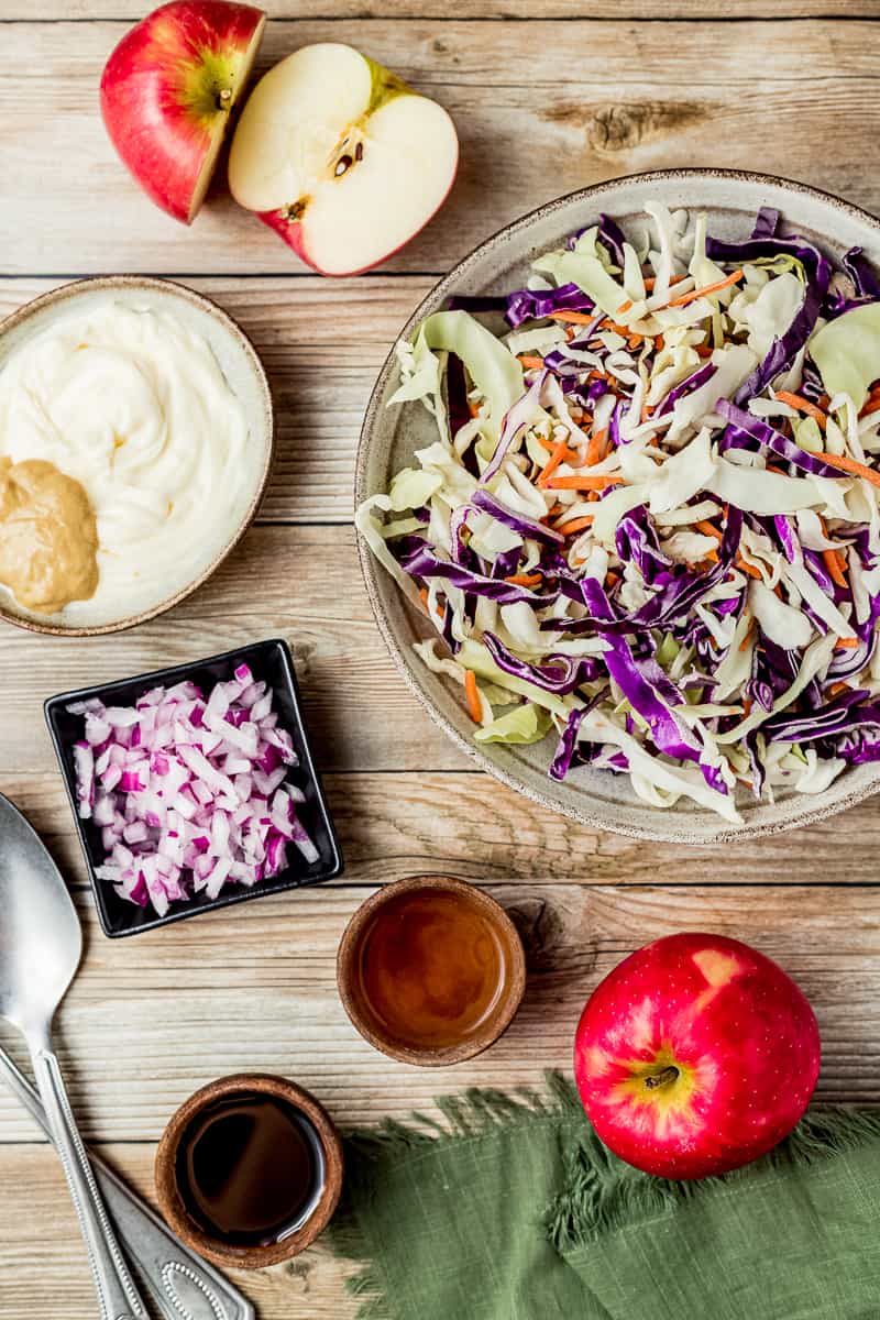 An overview shot of ingredients needed for Whole30 coleslaw