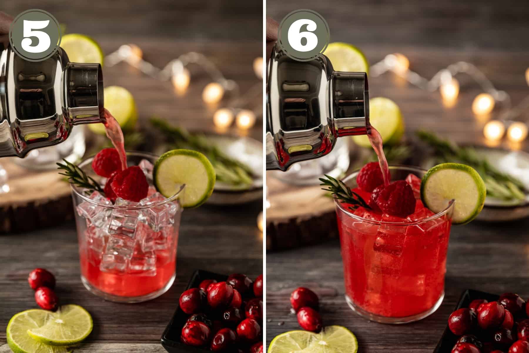 Two side by side process photos of a red mocktail being poured out of a cocktail shaker into a glass filled with ice one a wood background.