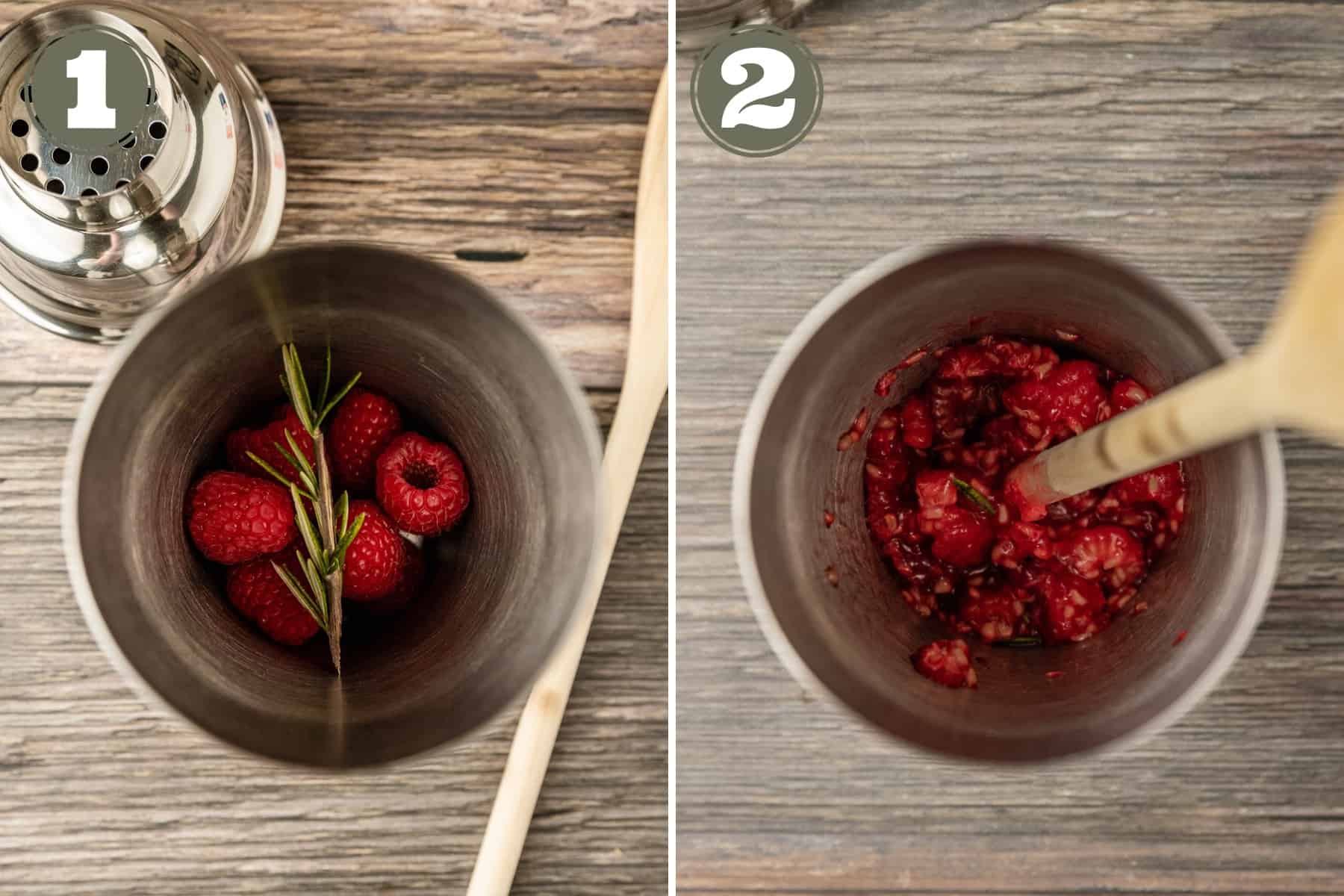 Two side by side process photos of a cocktail shaker with raspberries and rosemary being muddled.