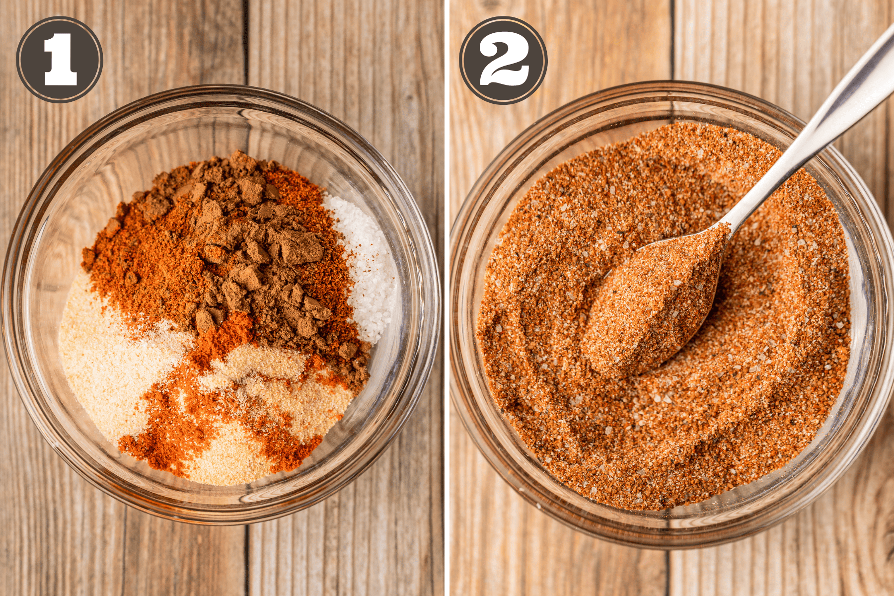 Side by side photos of chicken dry rub before and after the spices are mixed in a small glass bowl on a wood background.