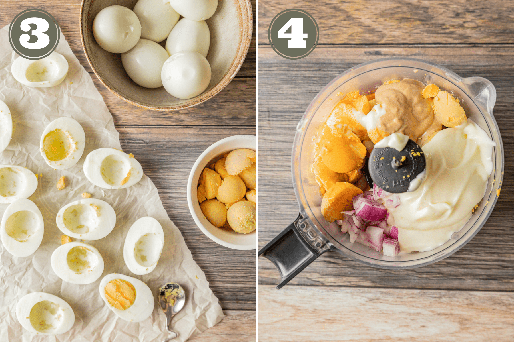 Side by side photos including halved hard boiled eggs and deviled eggs filling ingredients in a food processor. 