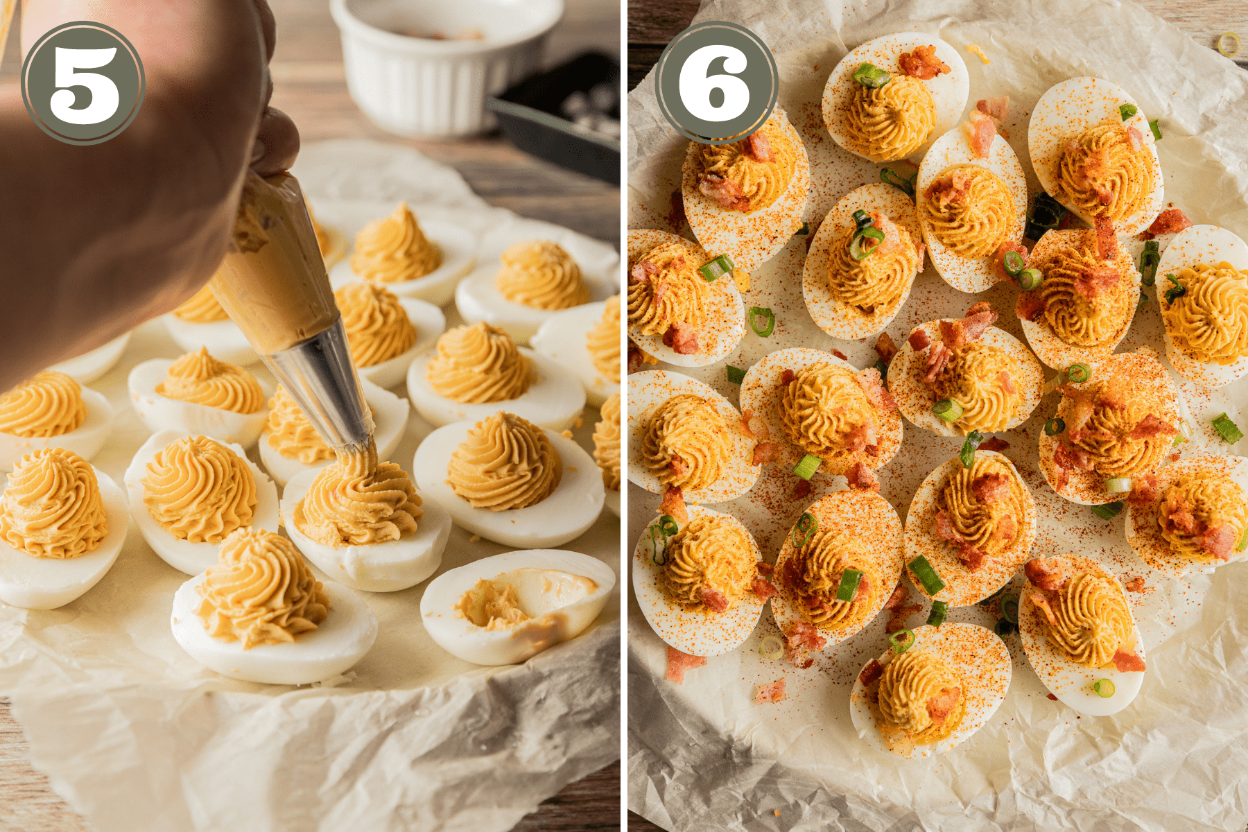 Side by side photos of deviled eggs being filled and deviled eggs topped with bacon and smoked paprika.